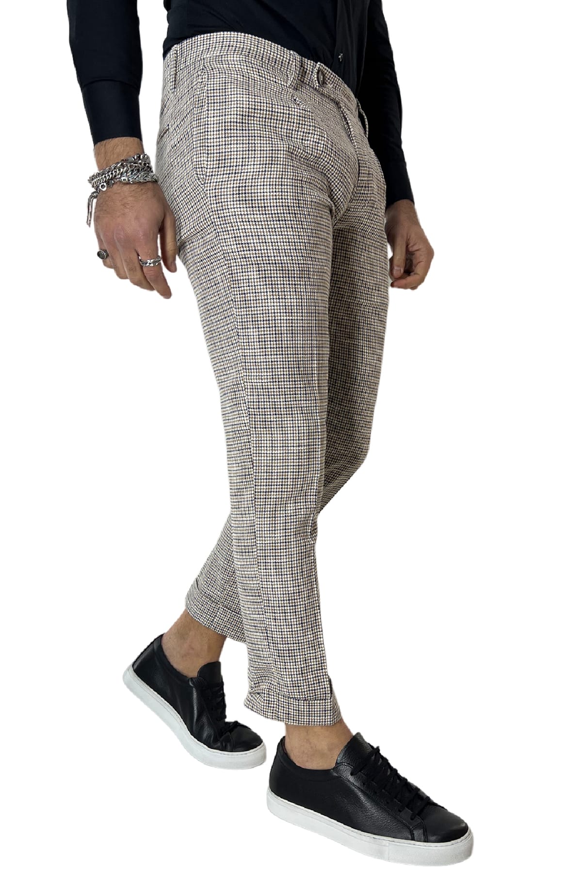Pantalone uomo pied de poule bianco in misto lino tasca america una pence made in italy