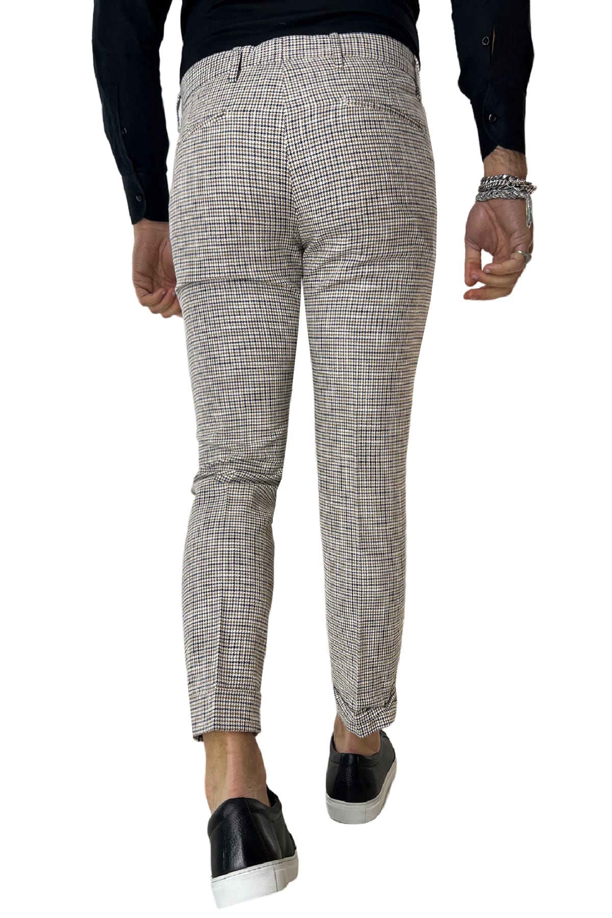Pantalone uomo pied de poule bianco in misto lino tasca america una pence made in italy
