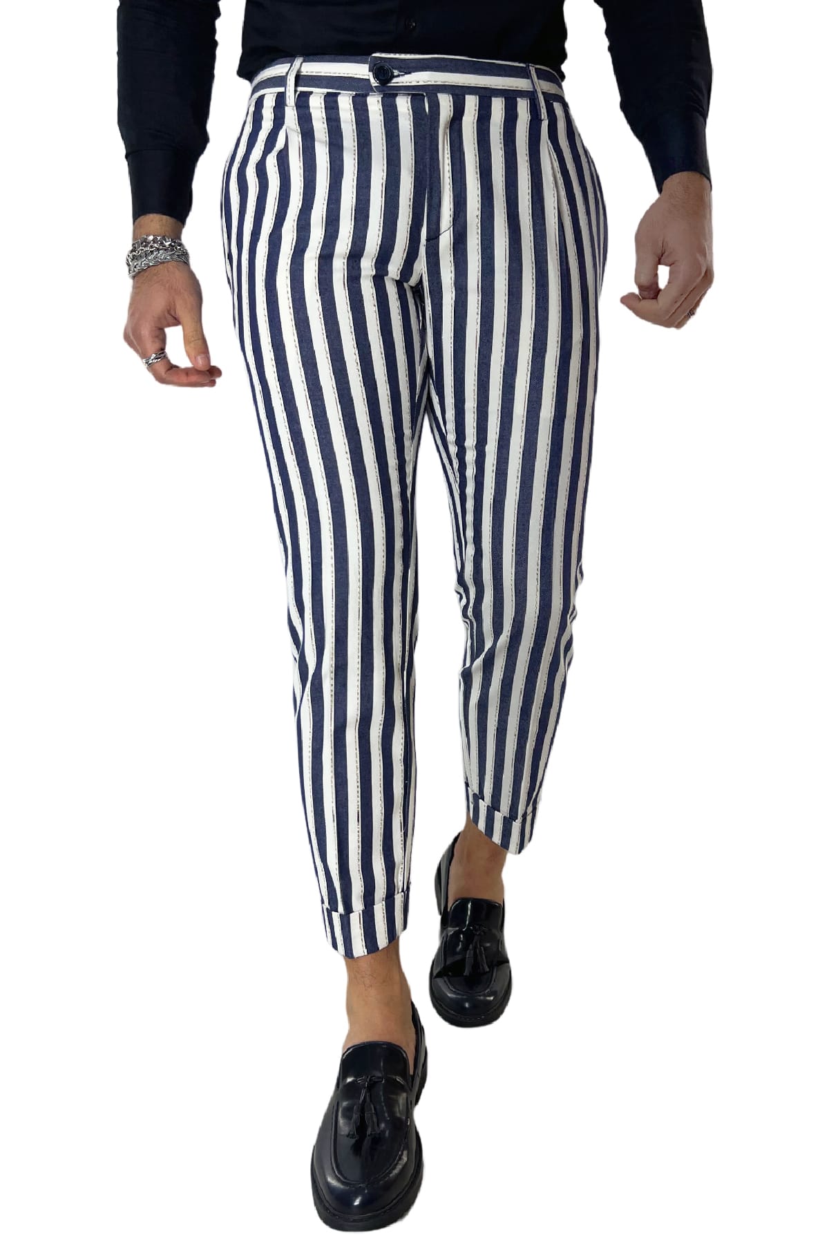 Pantalone uomo rigato blu bianco in misto lino tasca america una pence made in italy