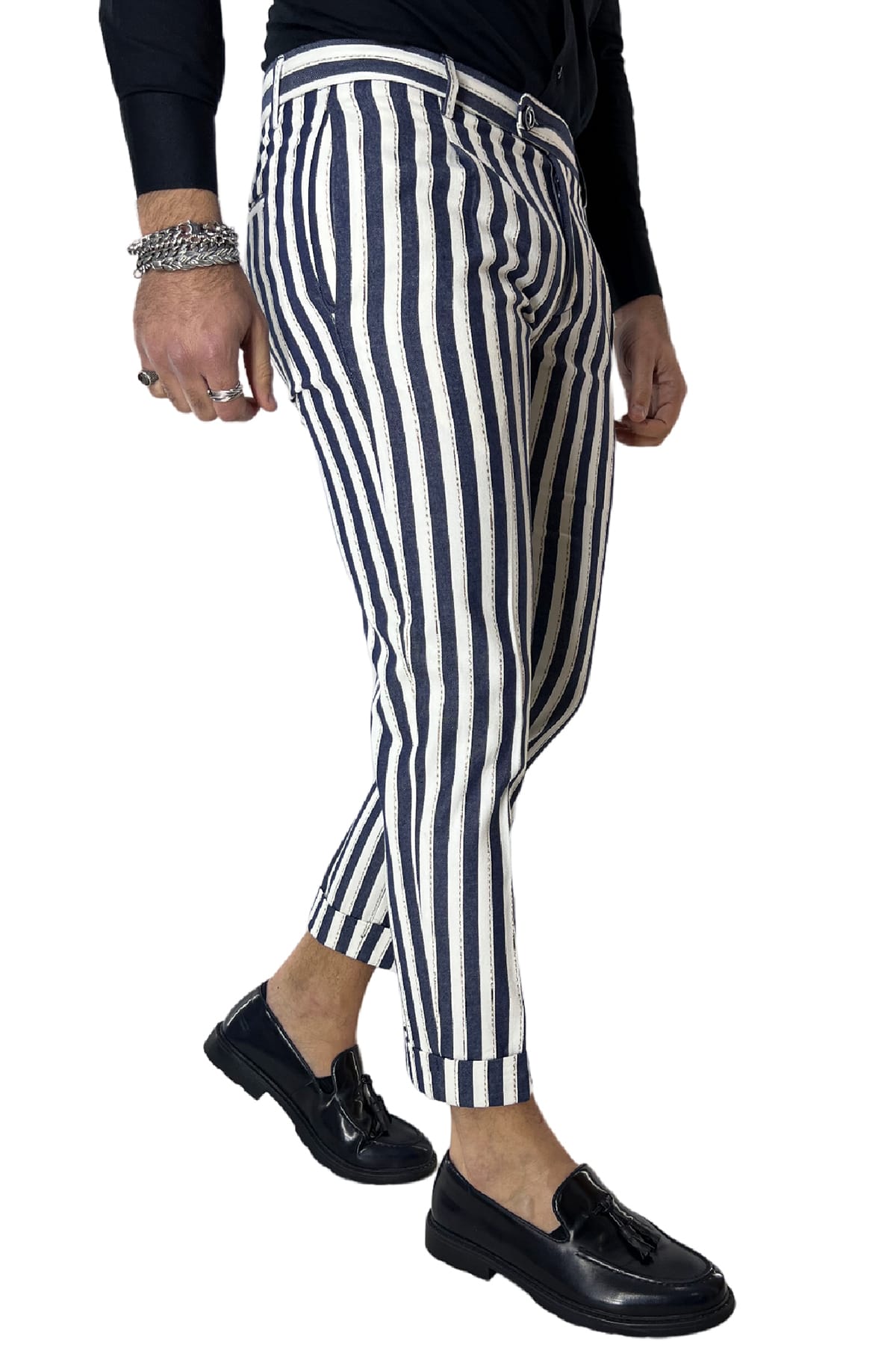 Pantalone uomo rigato blu bianco in misto lino tasca america una pence made in italy