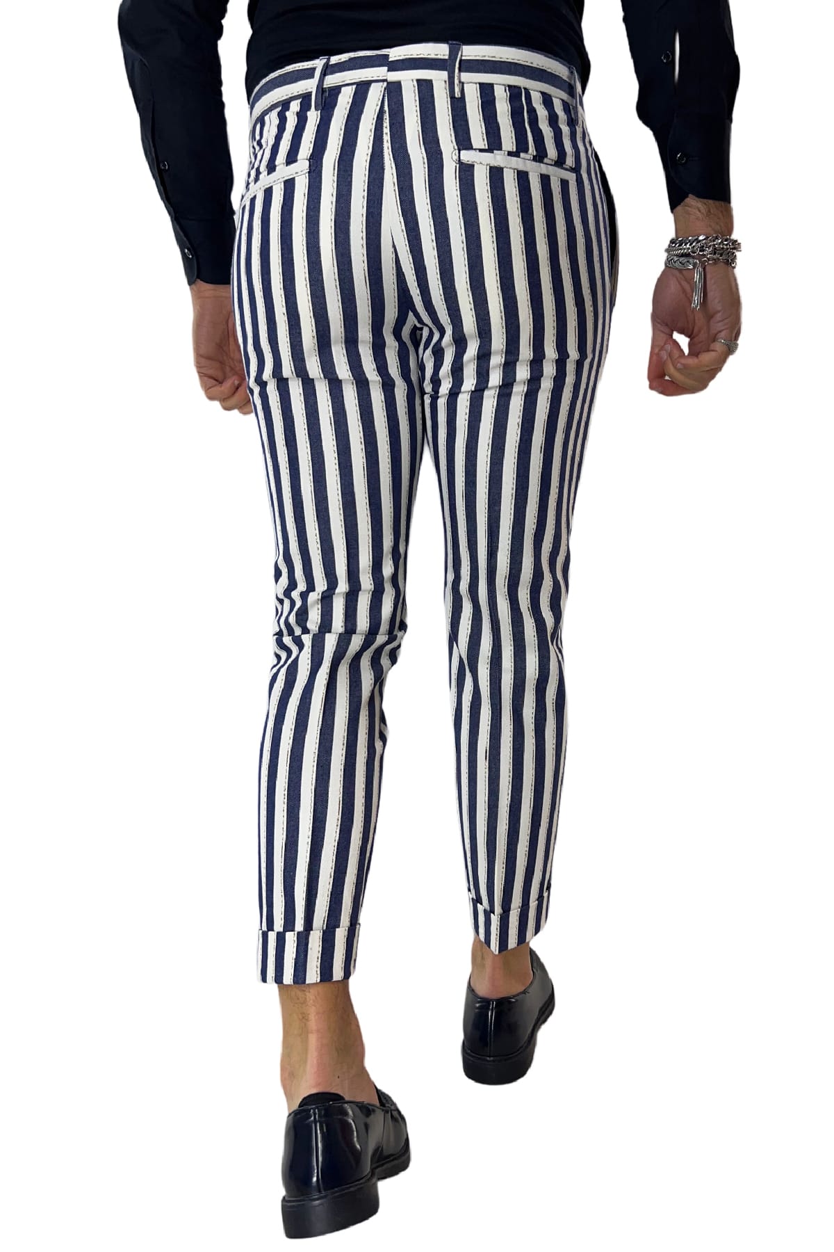 Pantalone uomo rigato blu bianco in misto lino tasca america una pence made in italy