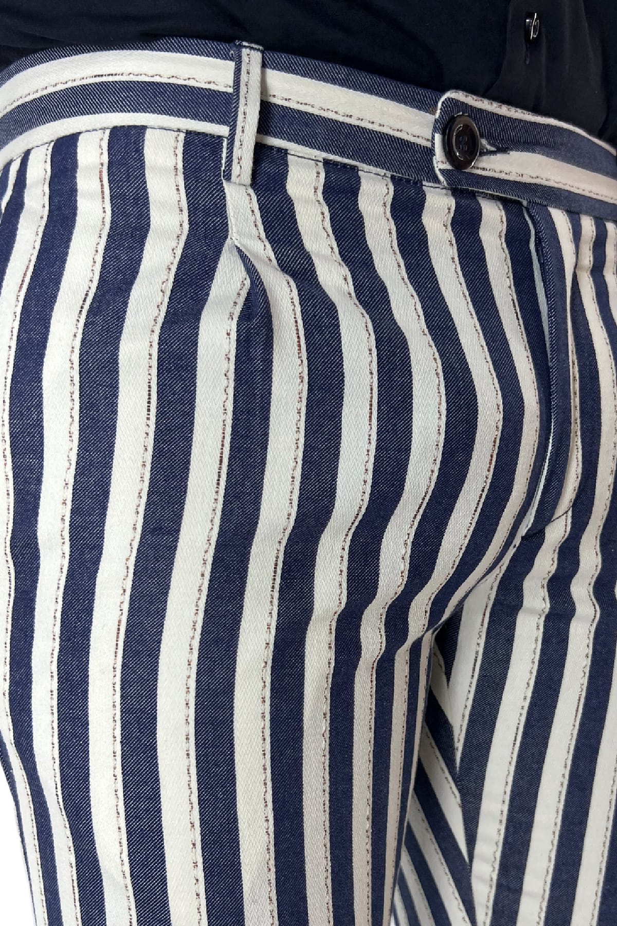 Pantalone uomo rigato blu bianco in misto lino tasca america una pence made in italy