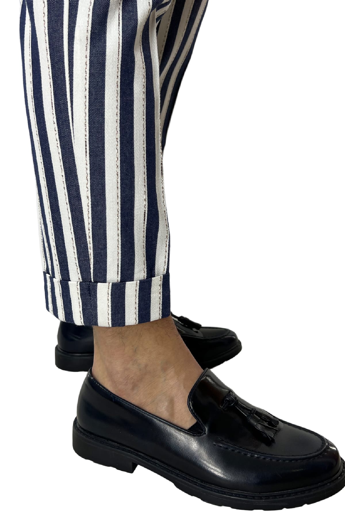 Pantalone uomo rigato blu bianco in misto lino tasca america una pence made in italy
