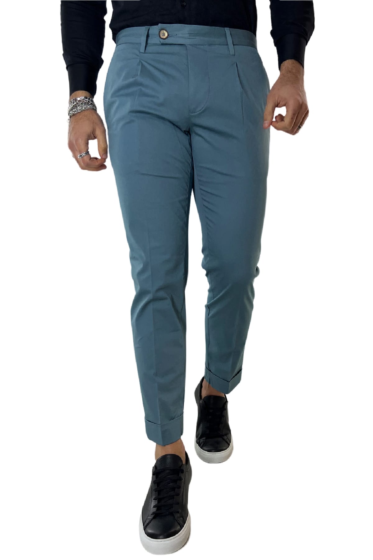 Pantalone uomo Celeste in cotone tasca america con pence made in italy