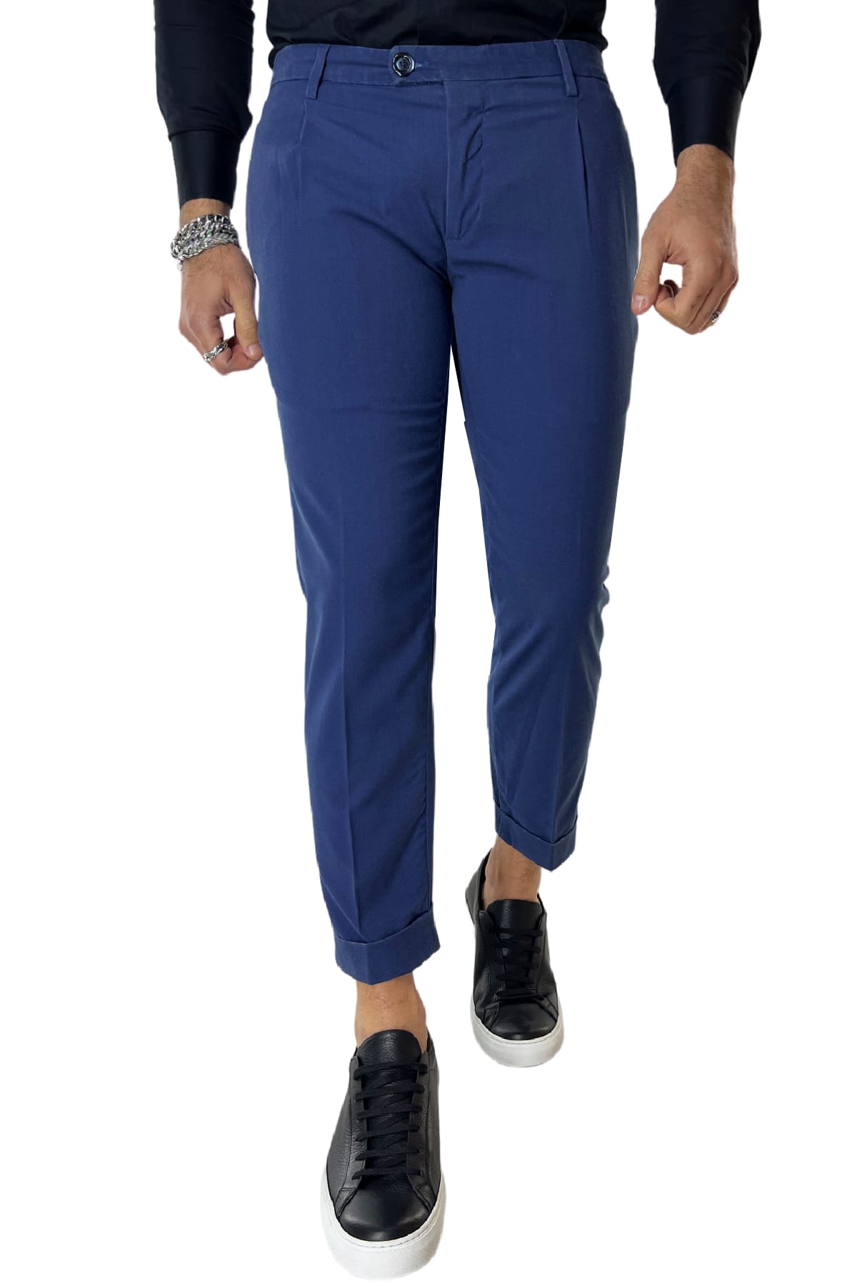 Pantalone uomo bluette in cotone tasca a filo slim fit sartoriale con pence