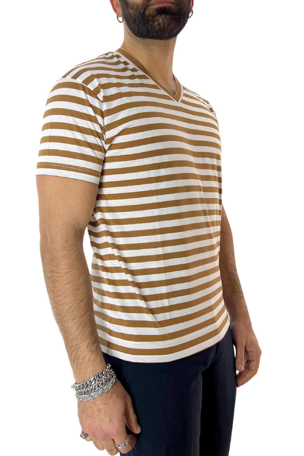 T-shirt scollo a v da uomo coccio rigata mezze maniche slim fit made in italy