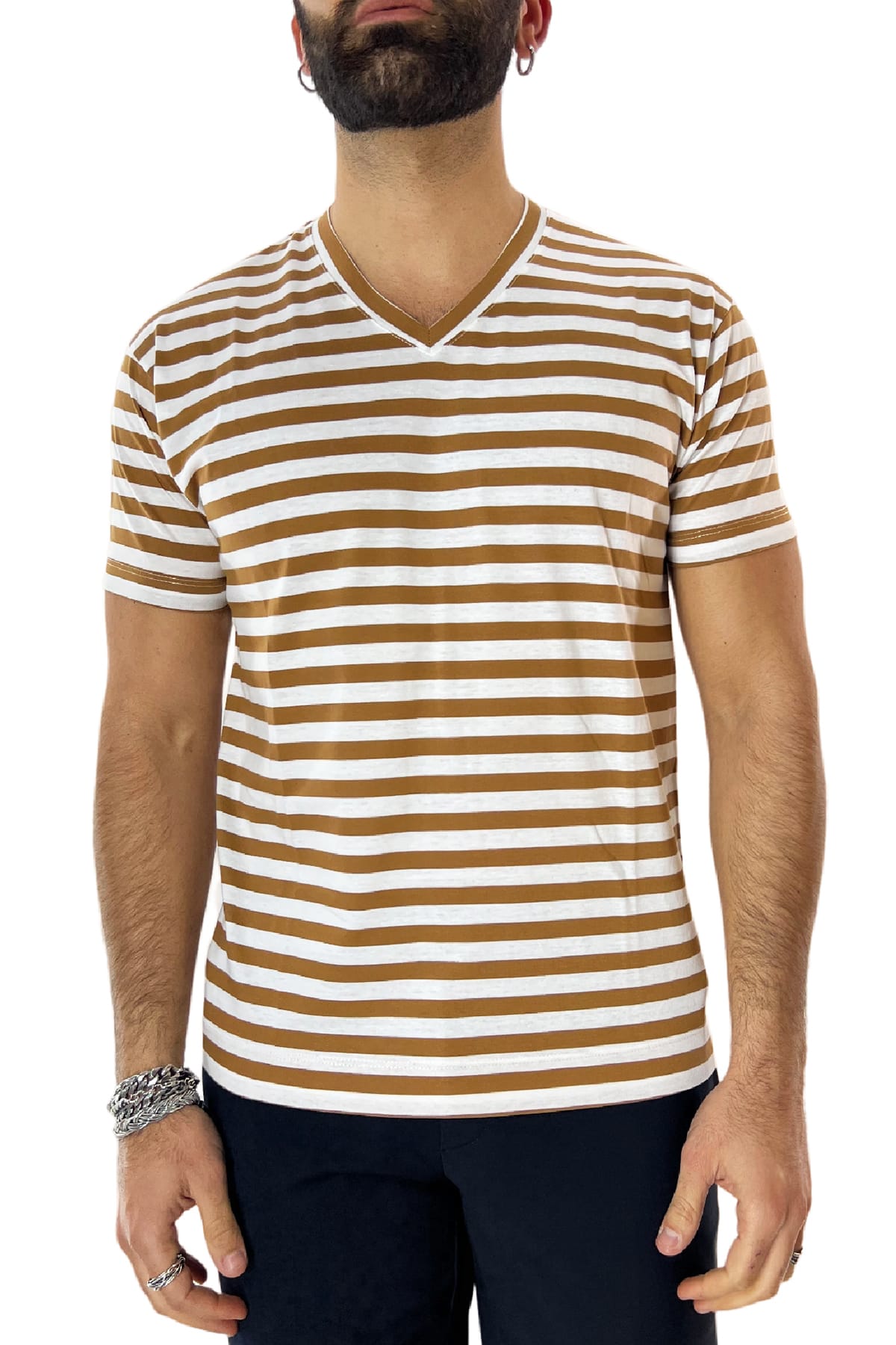 T-shirt scollo a v da uomo coccio rigata mezze maniche slim fit made in italy