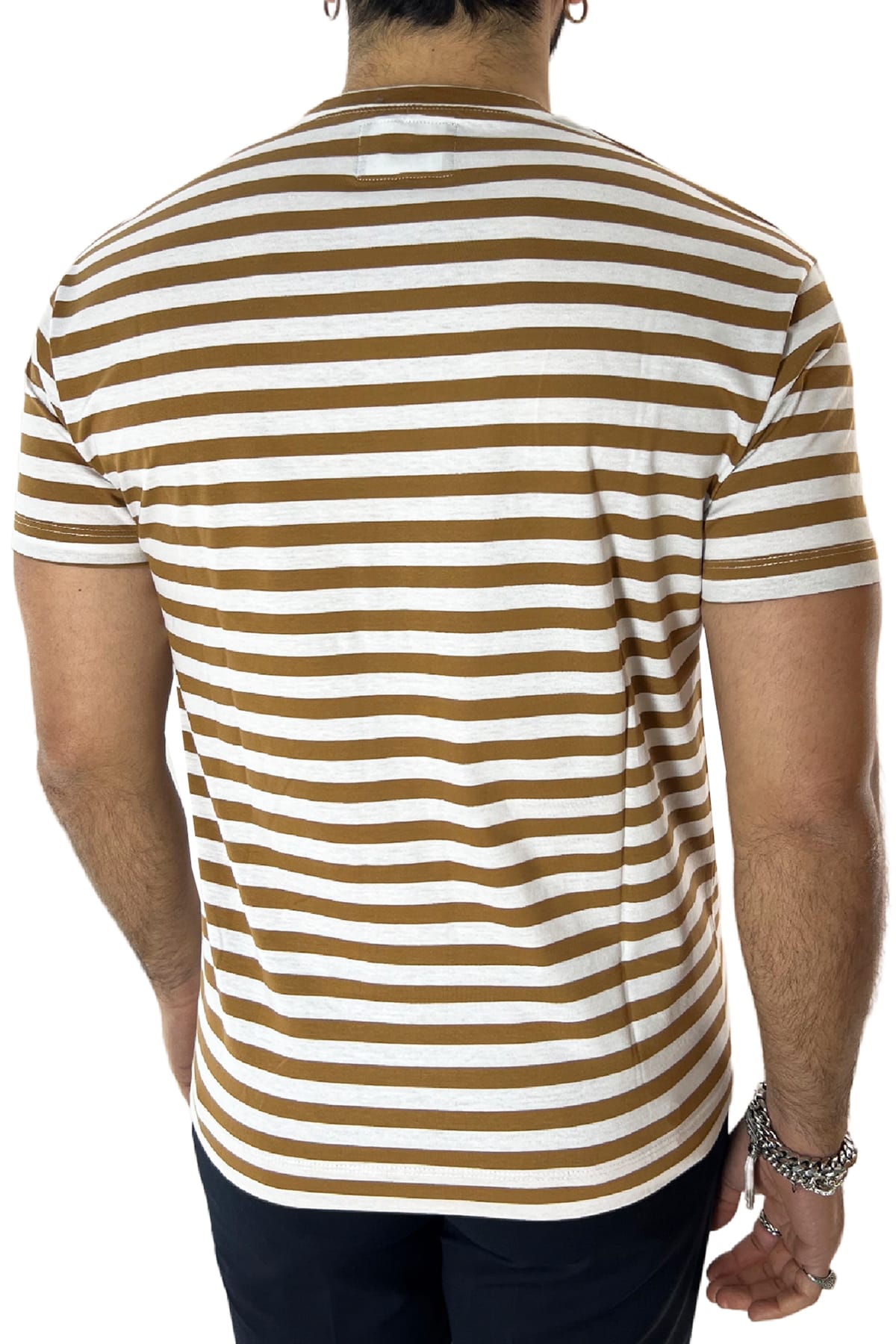 T-shirt scollo a v da uomo coccio rigata mezze maniche slim fit made in italy