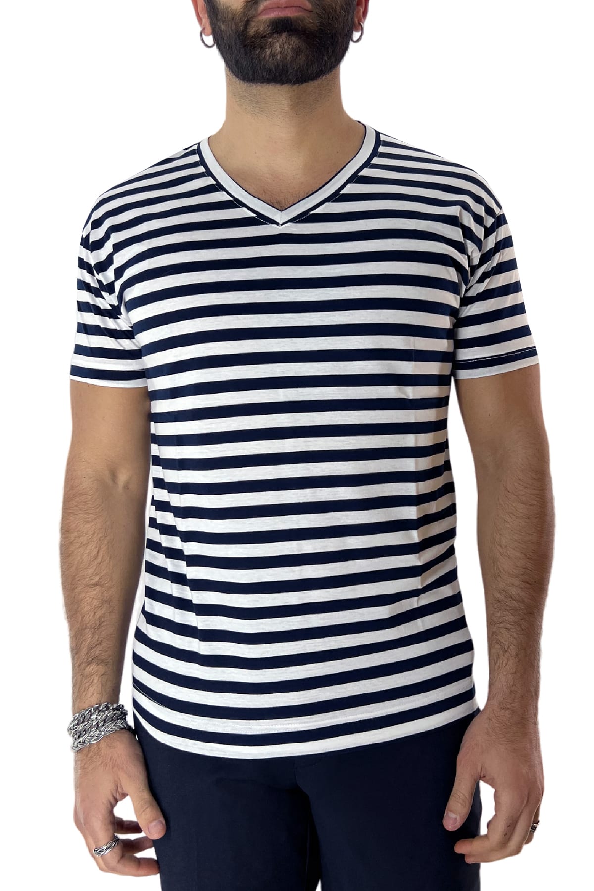 T-shirt scollo a v da uomo blu rigata mezze maniche slim fit made in italy