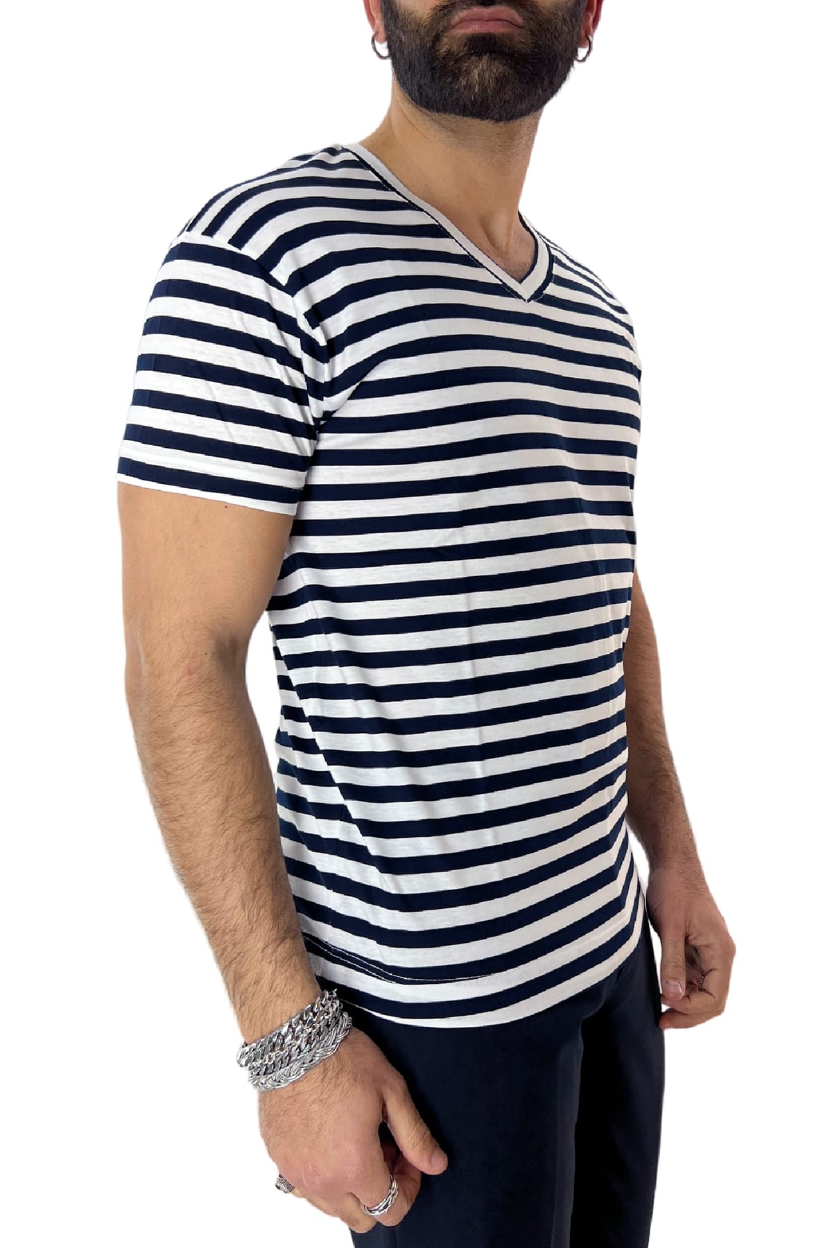 T-shirt scollo a v da uomo blu rigata mezze maniche slim fit made in italy