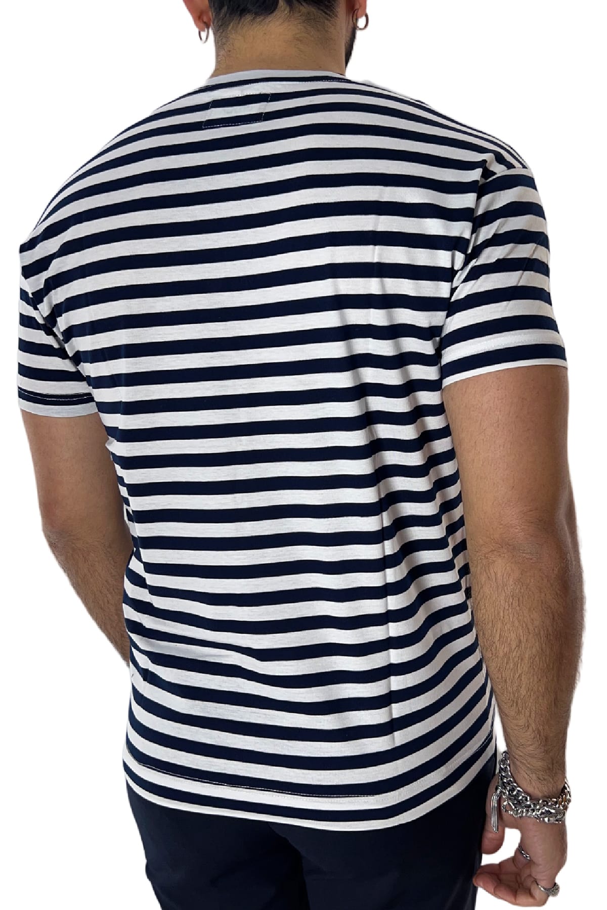 T-shirt scollo a v da uomo blu rigata mezze maniche slim fit made in italy