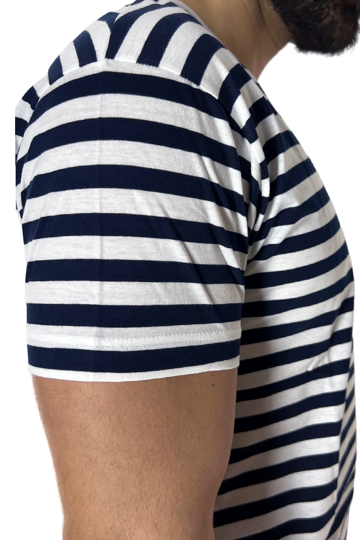 T-shirt scollo a v da uomo blu rigata mezze maniche slim fit made in italy
