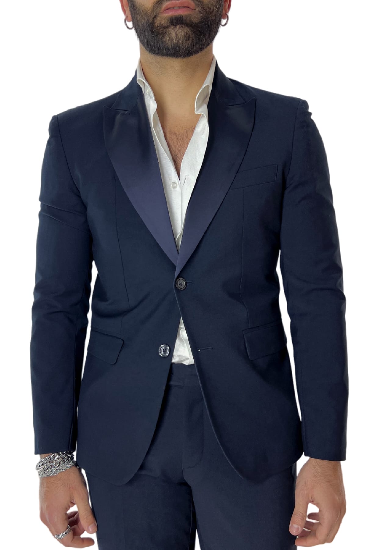 Giacca uomo Smoking blu monopetto  rever a lancia in raso sartoriale made in italy