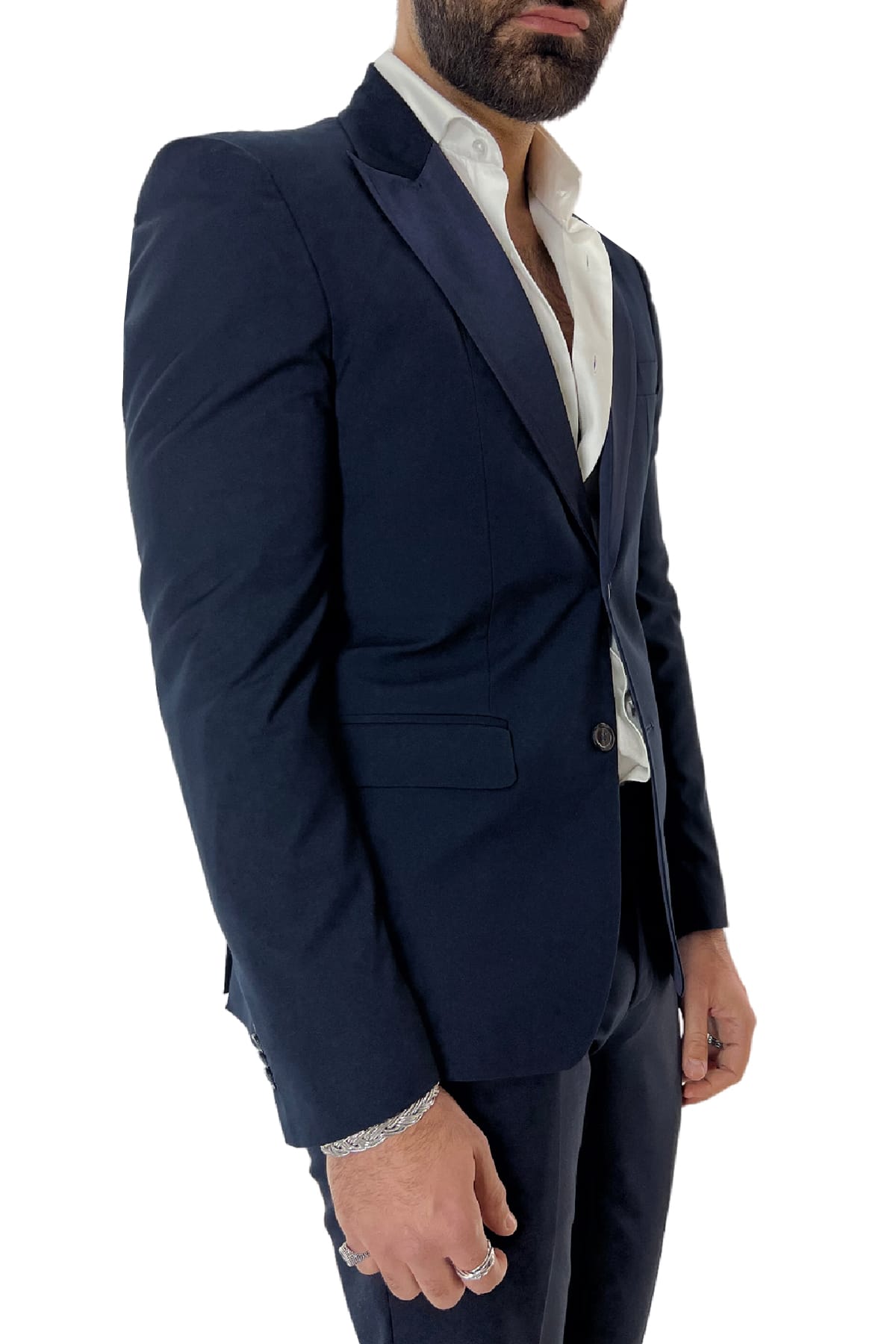 Giacca uomo Smoking blu monopetto  rever a lancia in raso sartoriale made in italy