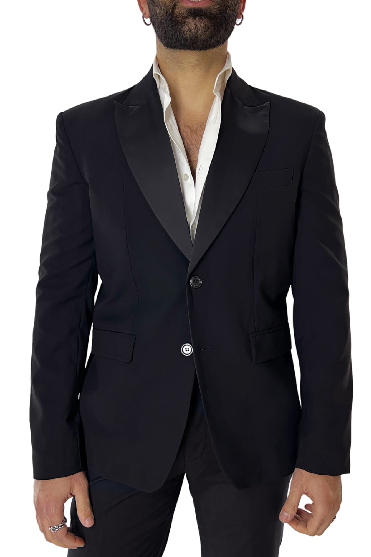 Giacca uomo Smoking nera monopetto  rever a lancia in raso sartoriale made in italy