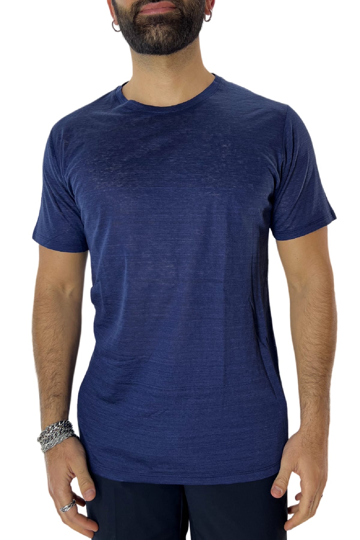 T-shirt girocollo da uomo blu fiammata mezze maniche slim fit made in italy