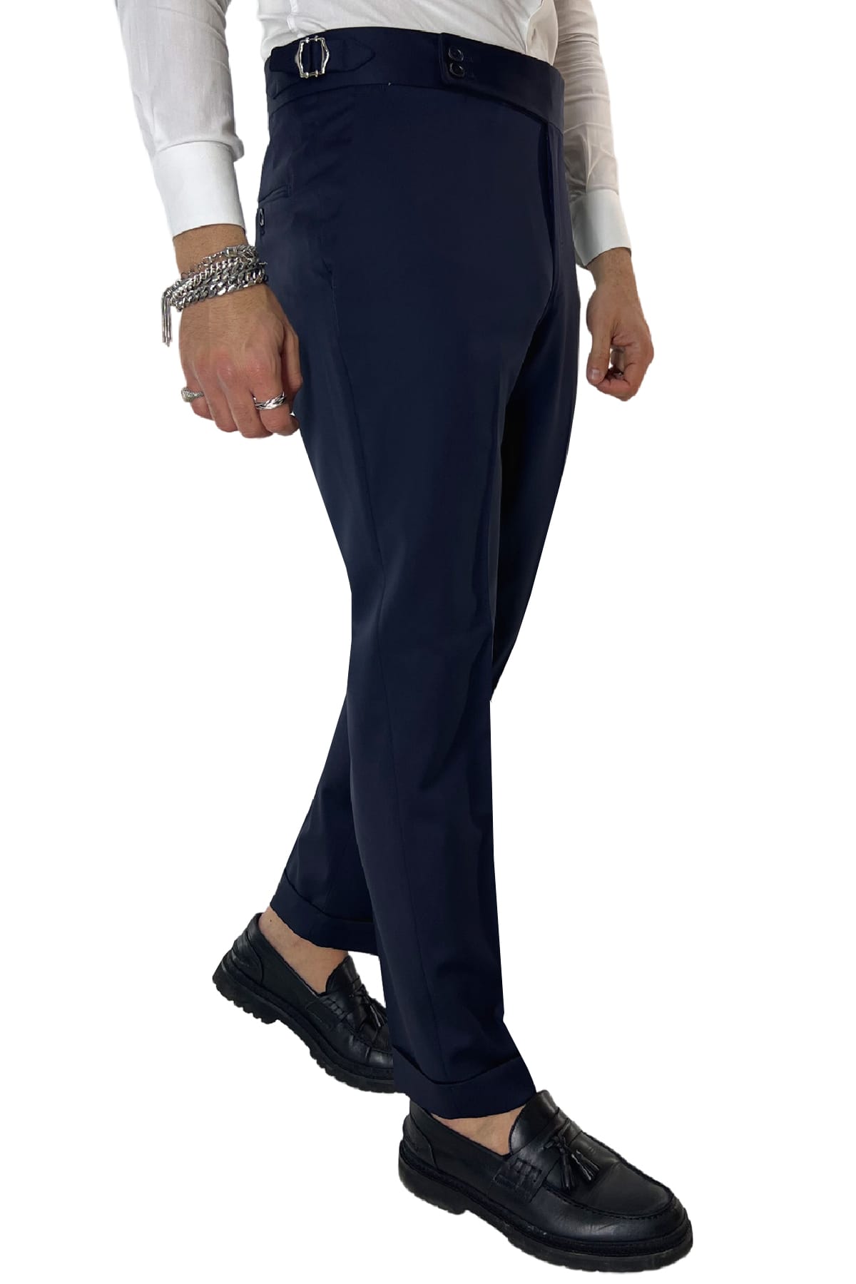 Pantalone uomo Blu Navy vita alta tasca america in fresco lana 100% Vitale Barberis Canonico fibbie laterali e risvolto 4cm