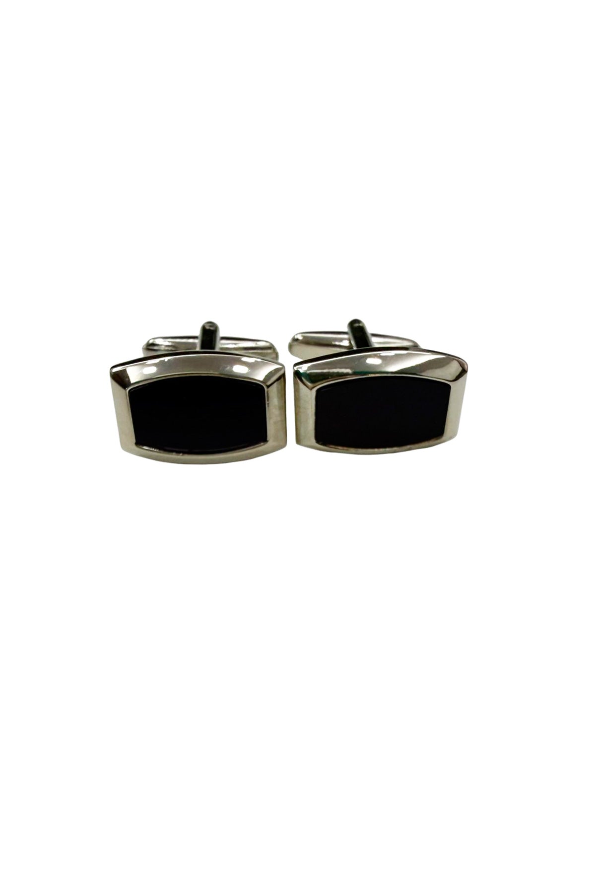 Gemelli da camicia blu rettangolari a botte in vernice con base in acciaio silver