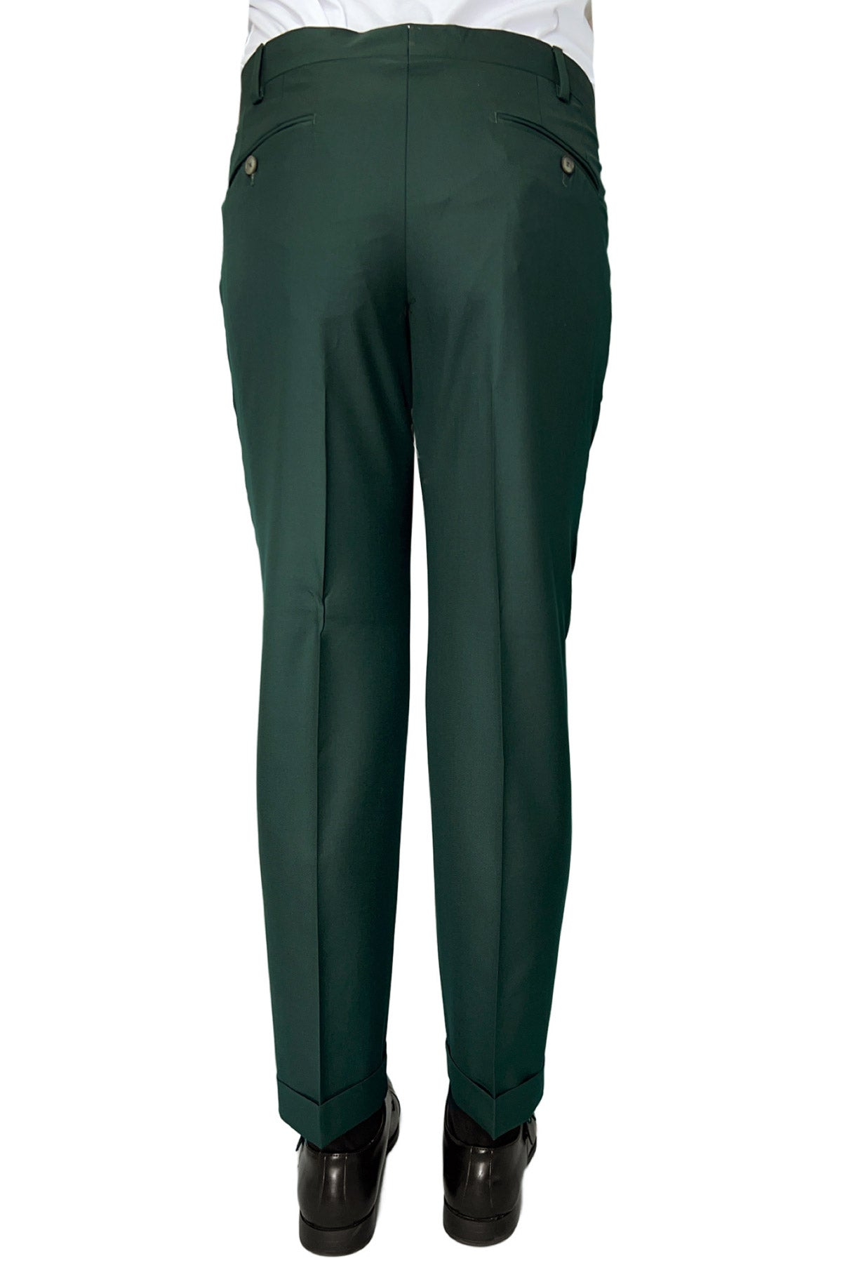 Pantalone uomo verde bottiglia chiusura prolungata doppia pinces in fresco lana super 140's Holland & Sherry