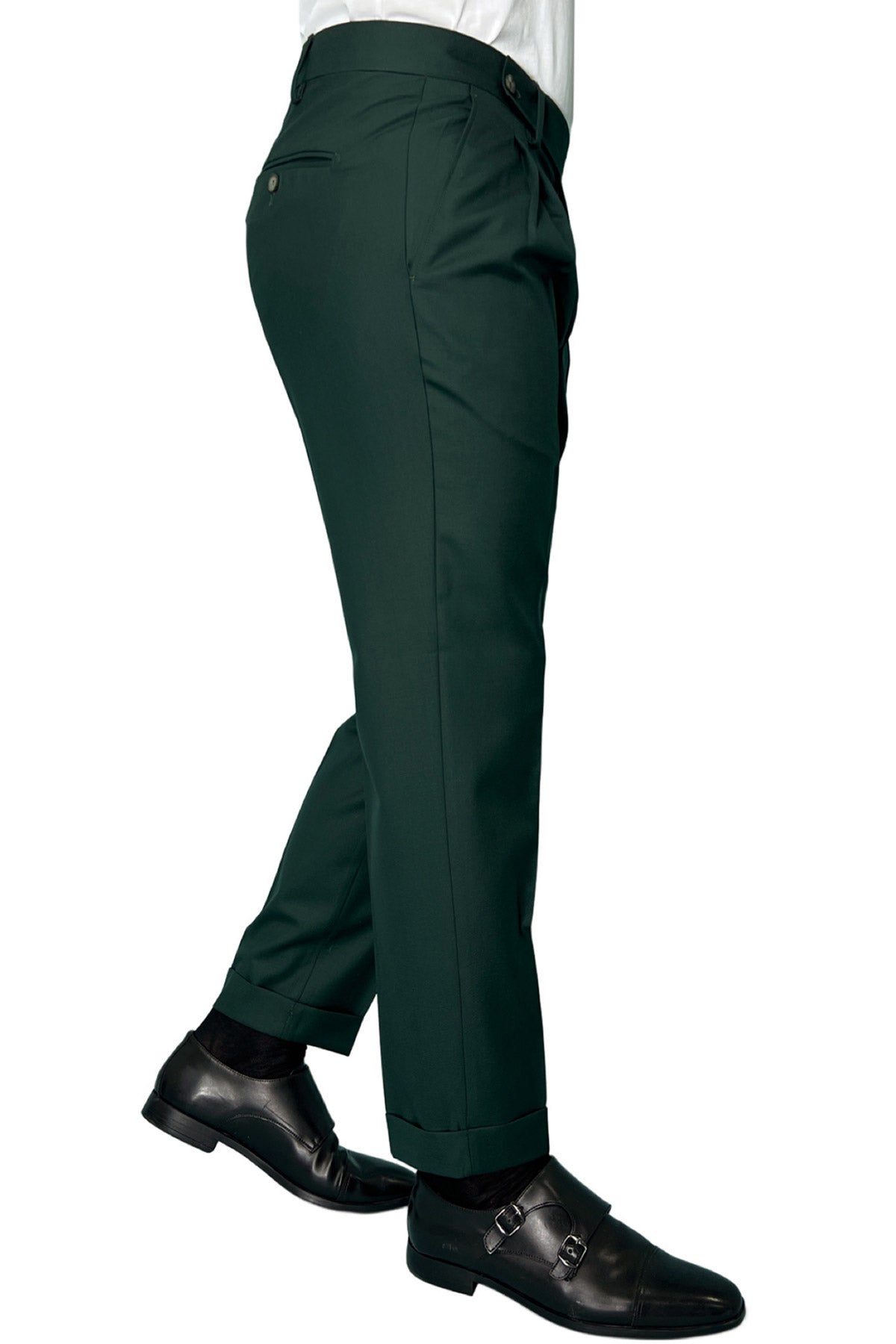 Pantalone uomo verde bottiglia chiusura prolungata doppia pinces in fresco lana super 140's Holland & Sherry
