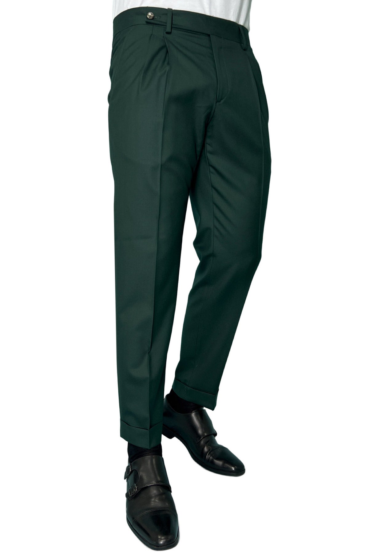 Pantalone uomo verde bottiglia chiusura prolungata doppia pinces in fresco lana super 140's Holland & Sherry