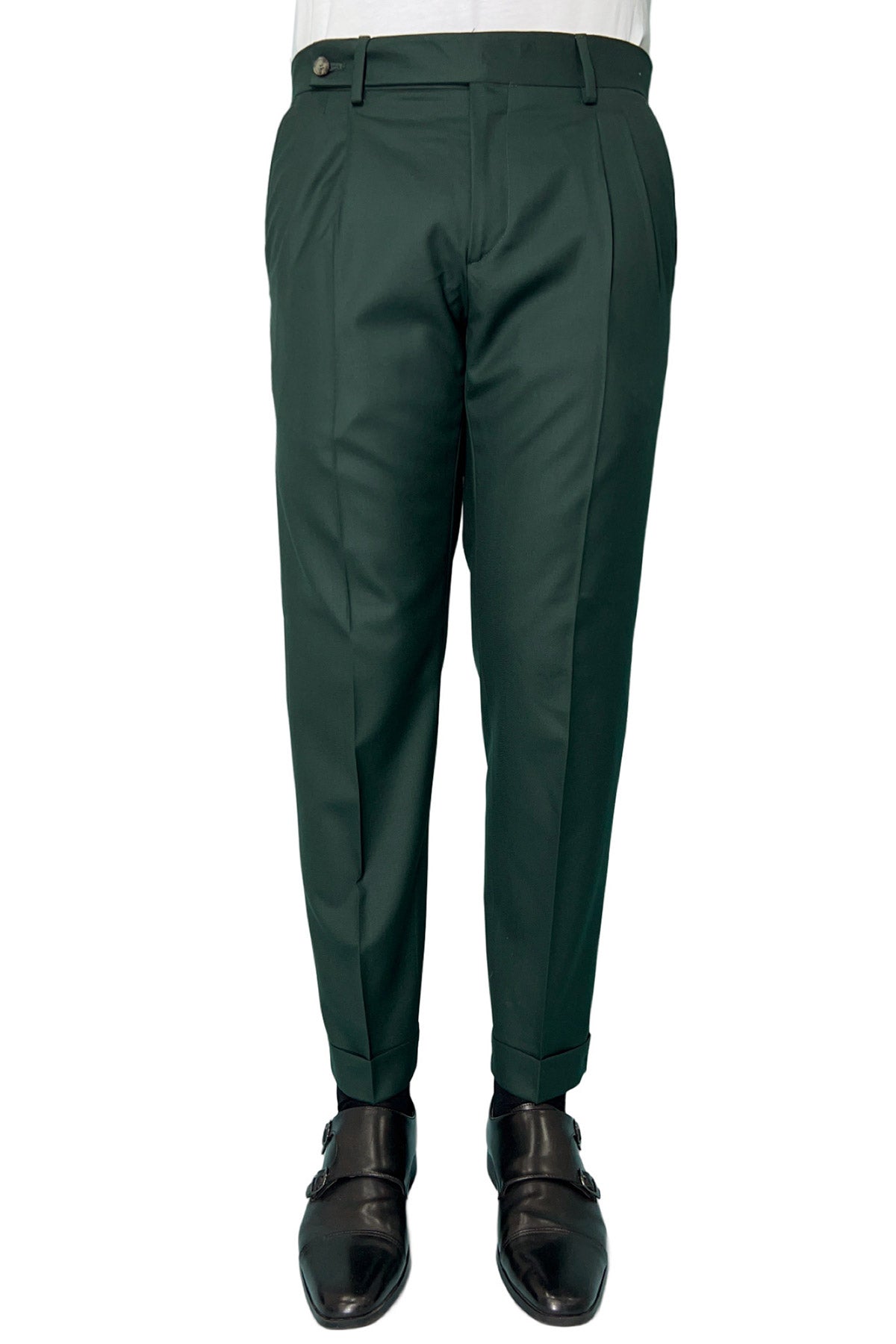 Pantalone uomo verde bottiglia chiusura prolungata doppia pinces in fresco lana super 140's Holland & Sherry