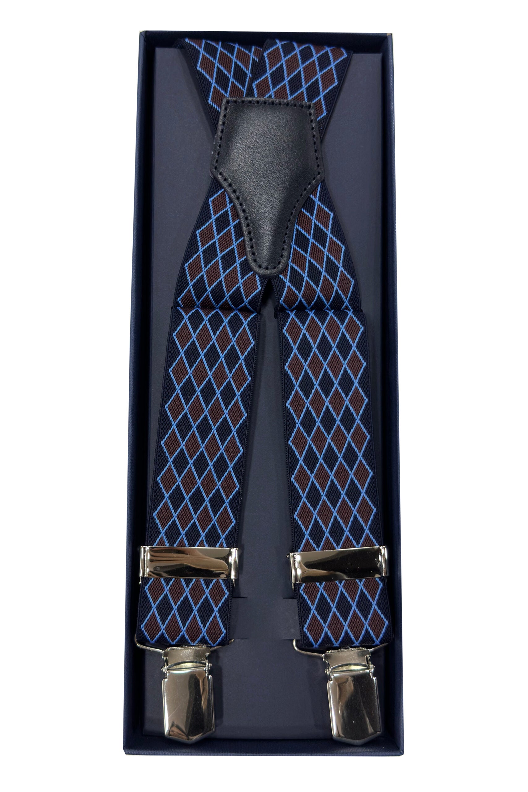 Bretelle da uomo blu Fantasia Elasticizzate 3,5 cm regolabili con chiusura pinze argento