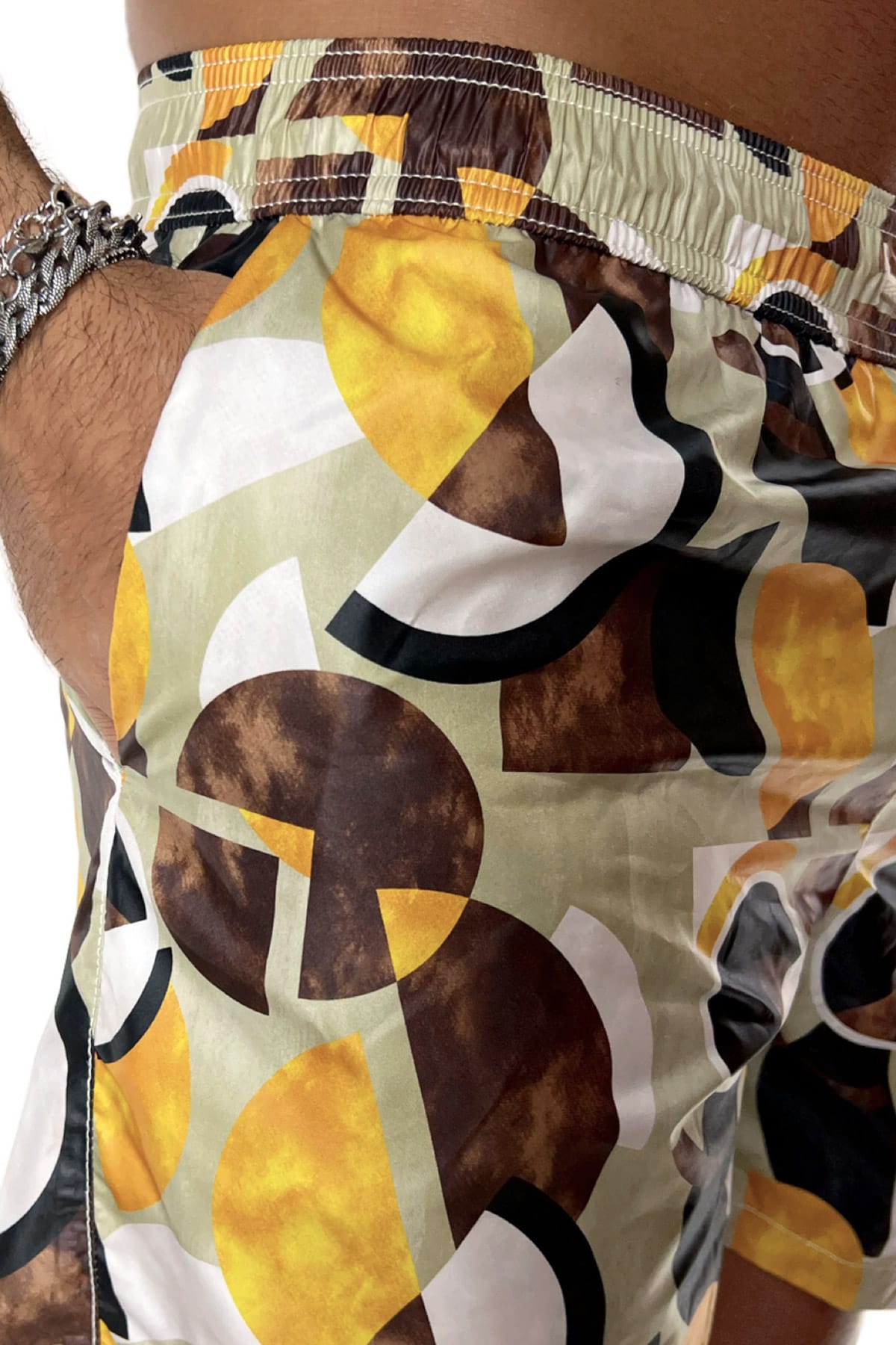 Costume da mare uomo beige fantasia cerchi con doppia tasca laterale a filo