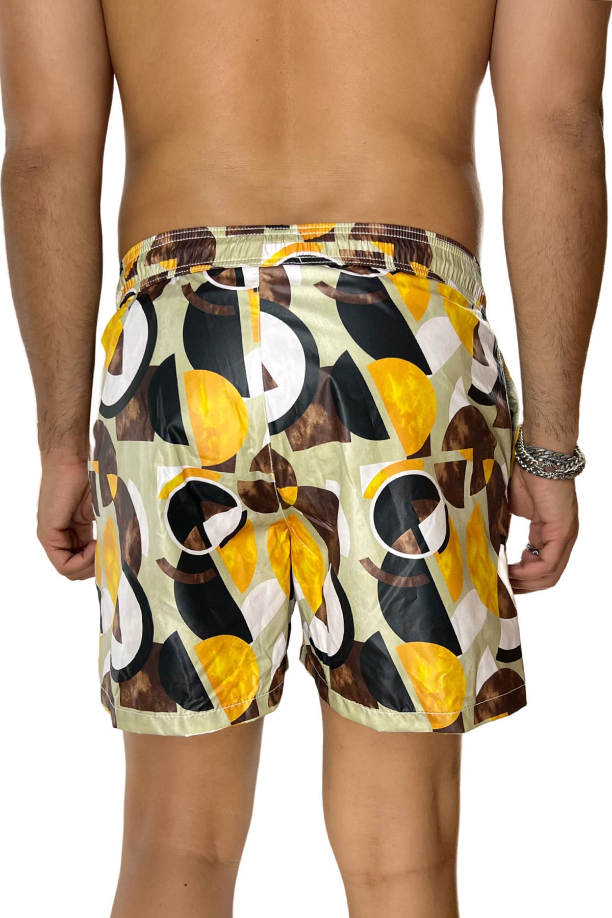 Costume da mare uomo beige fantasia cerchi con doppia tasca laterale a filo