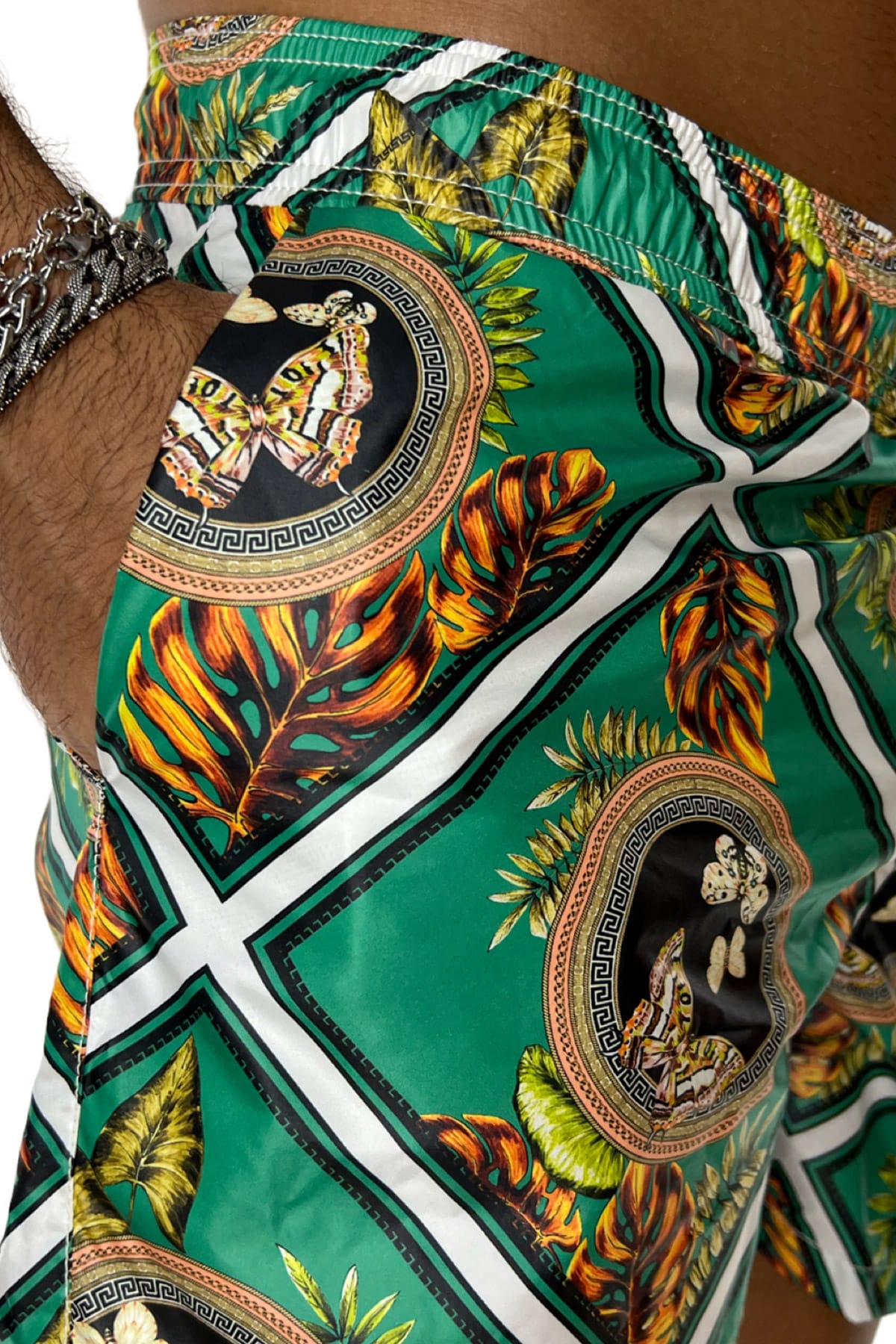 Costume da mare uomo verde fantasia barocca con doppia tasca laterale a filo