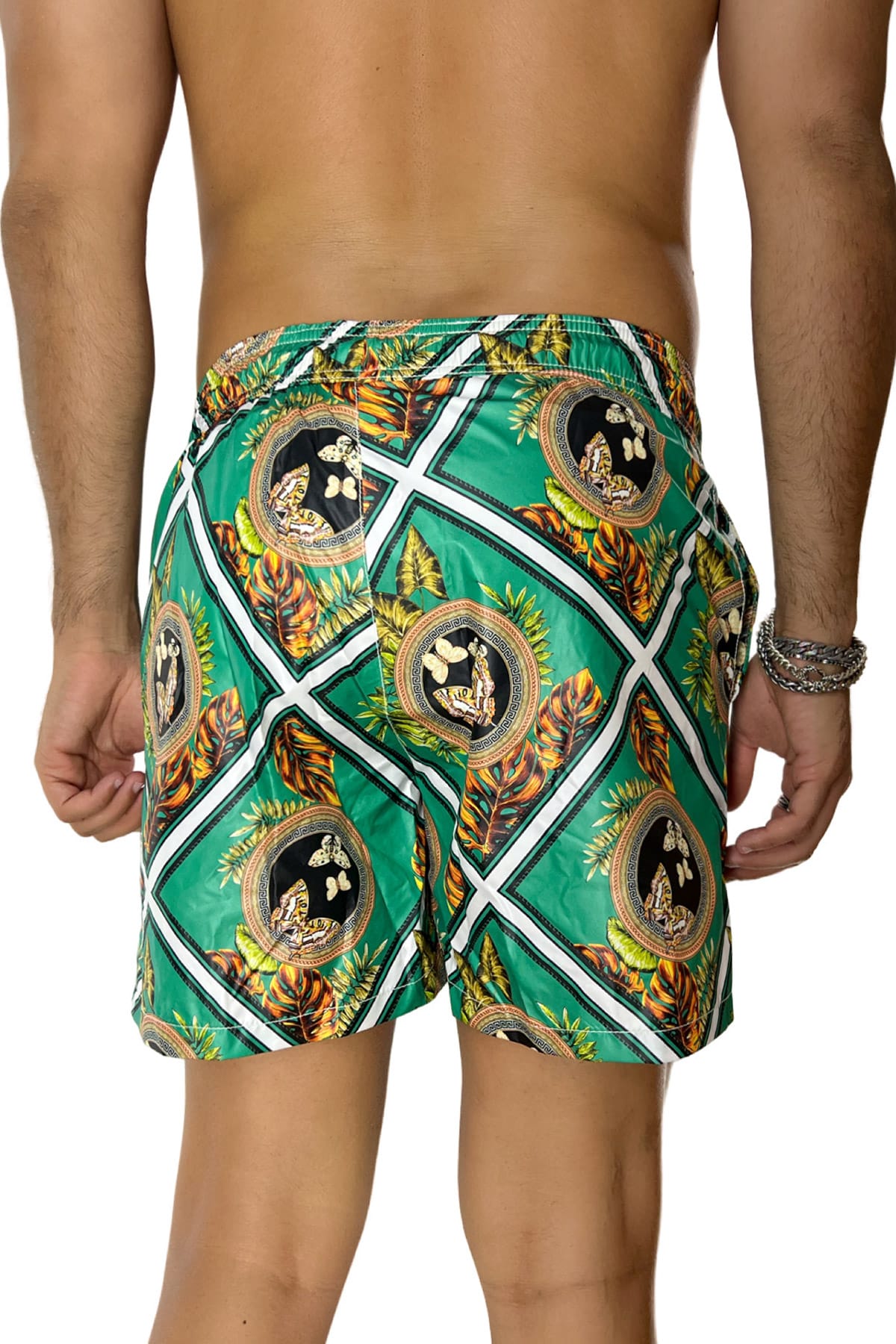 Costume da mare uomo verde fantasia barocca con doppia tasca laterale a filo