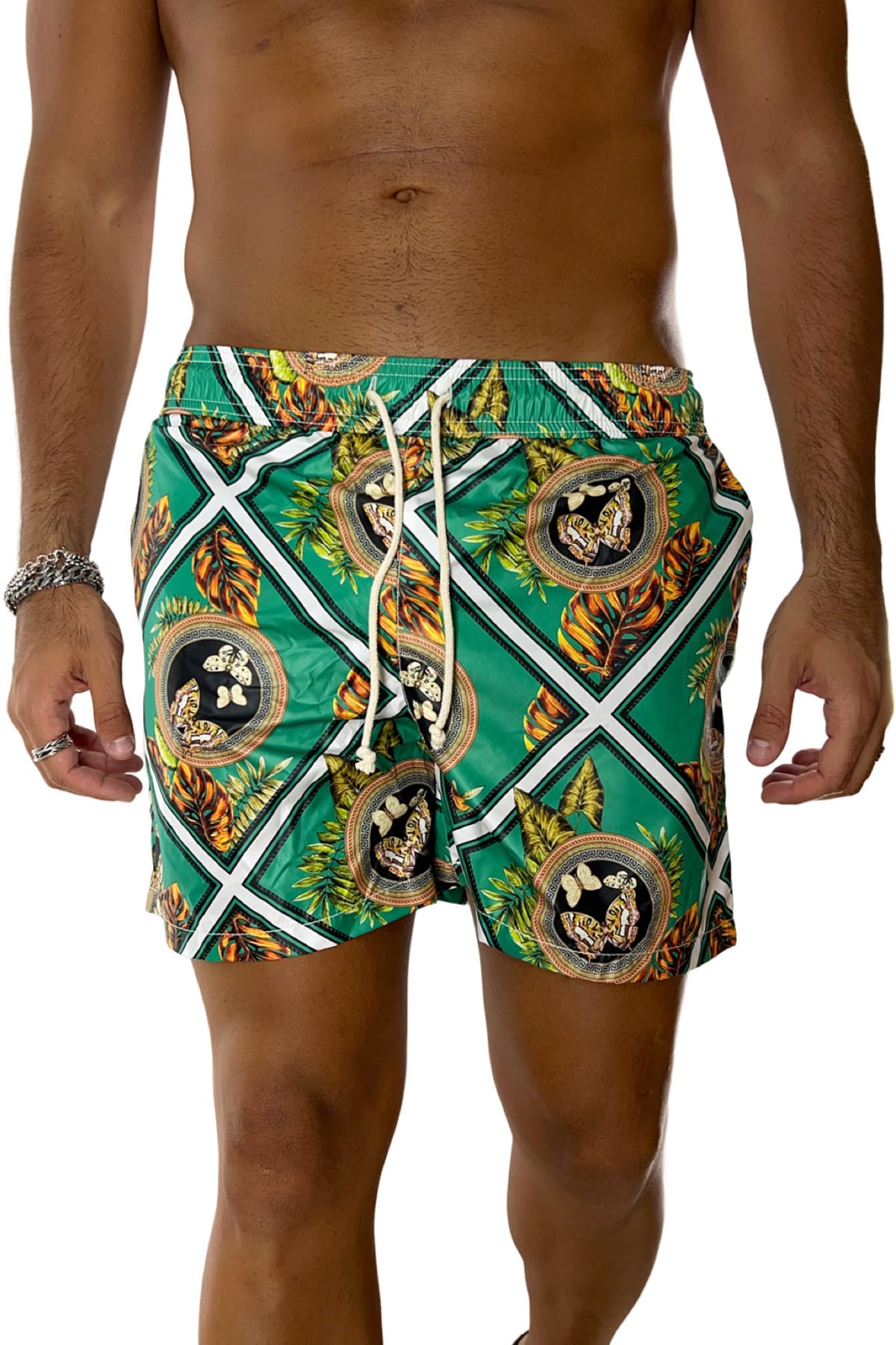 Costume da mare uomo verde fantasia barocca con doppia tasca laterale a filo