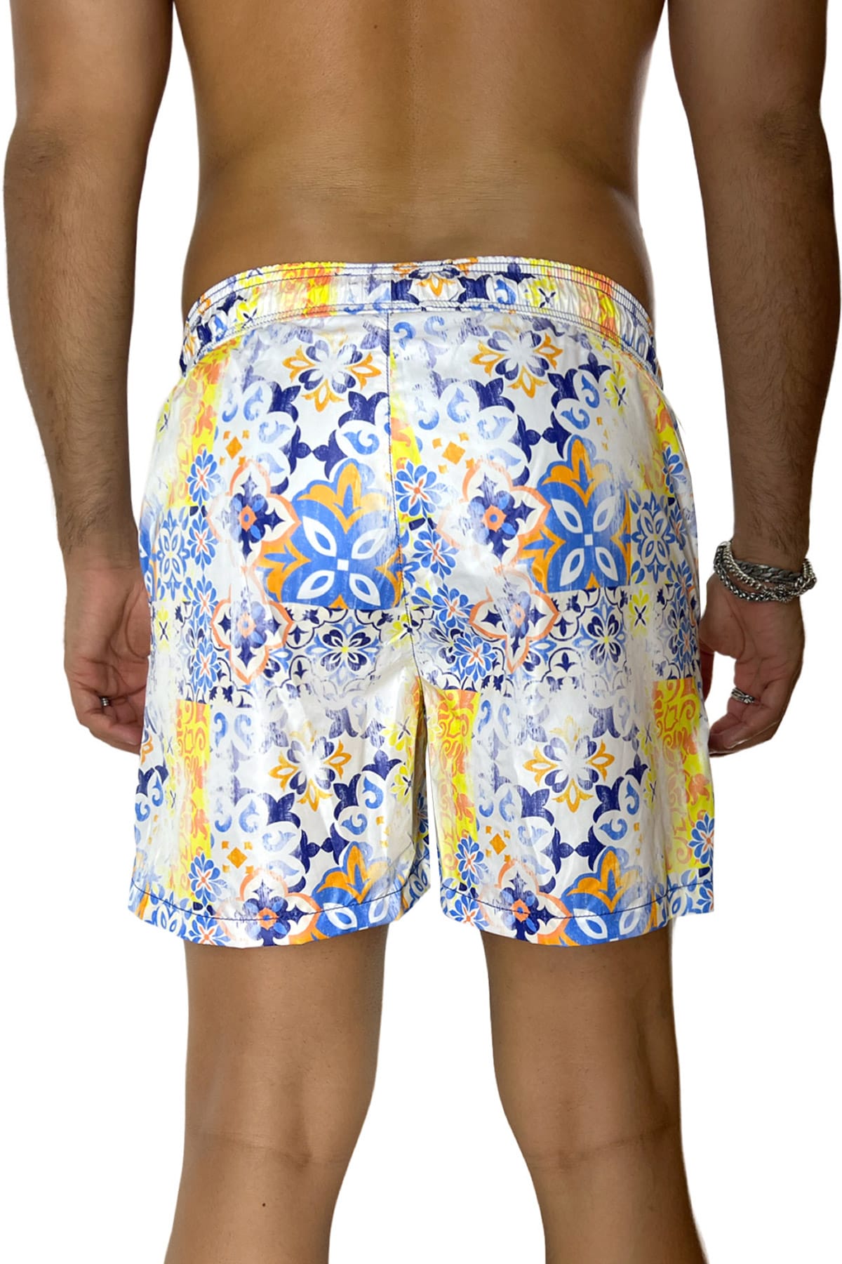 Costume da mare uomo celeste fantasia vietrese con doppia tasca laterale a filo