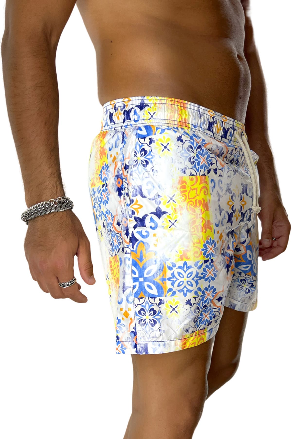 Costume da mare uomo celeste fantasia vietrese con doppia tasca laterale a filo