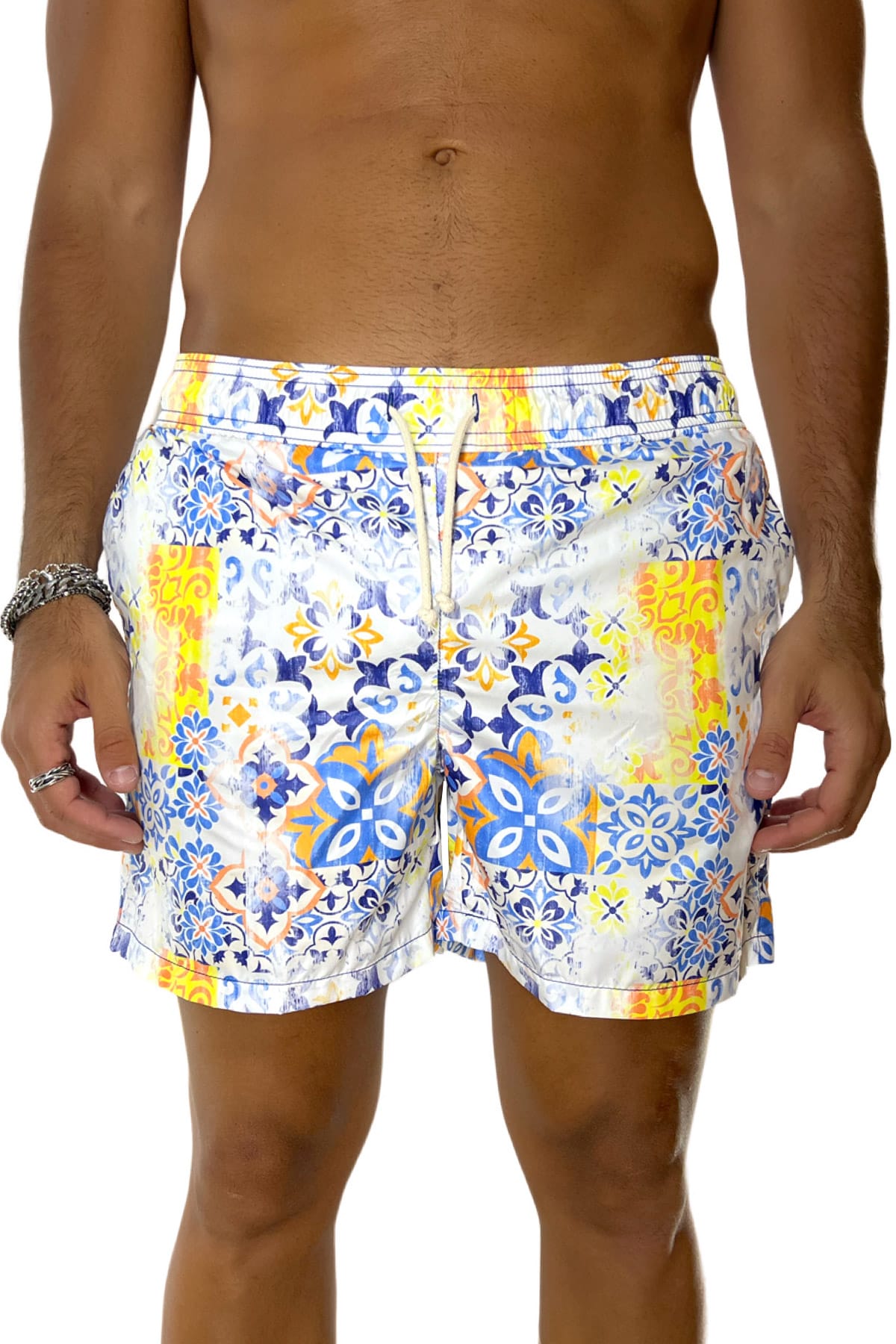 Costume da mare uomo celeste fantasia vietrese con doppia tasca laterale a filo