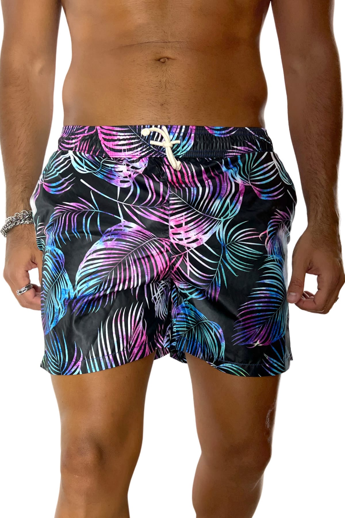Costume da mare uomo nero fantasia palme con doppia tasca laterale a filo