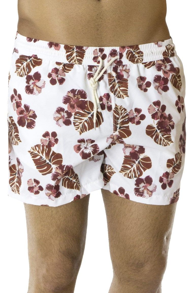 Costume da Mare Uomo pantaloncino  bianco a fantasia fiori bordeaux