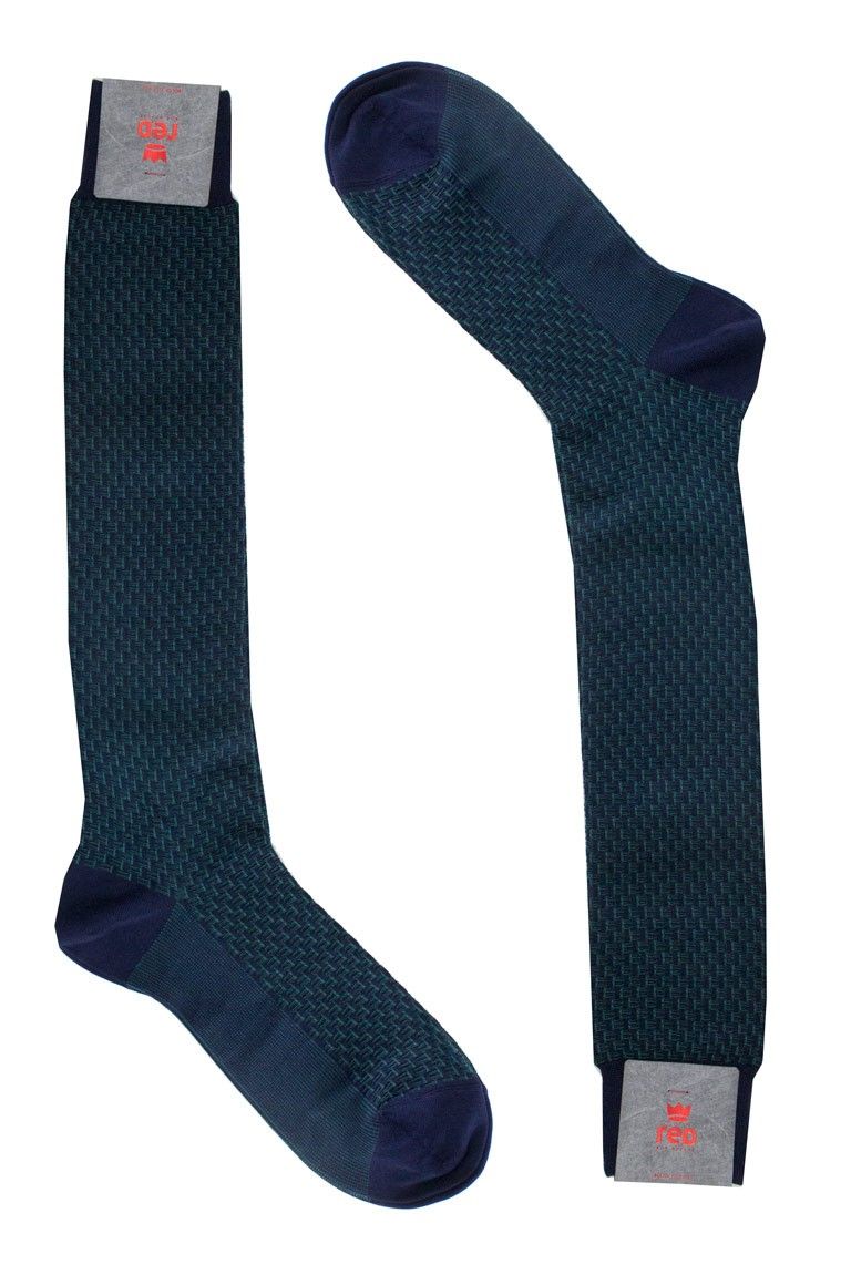 Calzini uomo lunghi invernali blu fantasia geometrica intrecciata