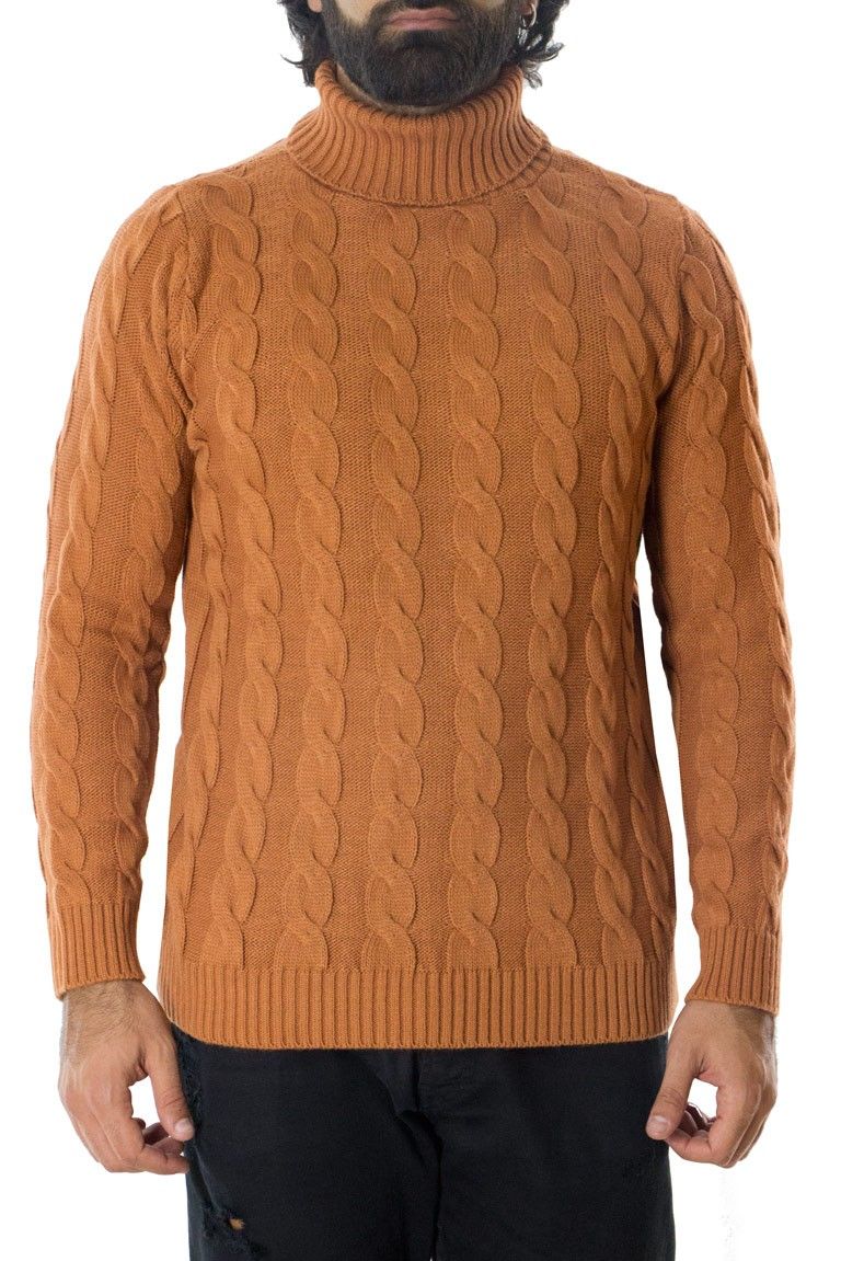 Maglione uomo lana grossa con treccia larga collo alto slim fit elastica