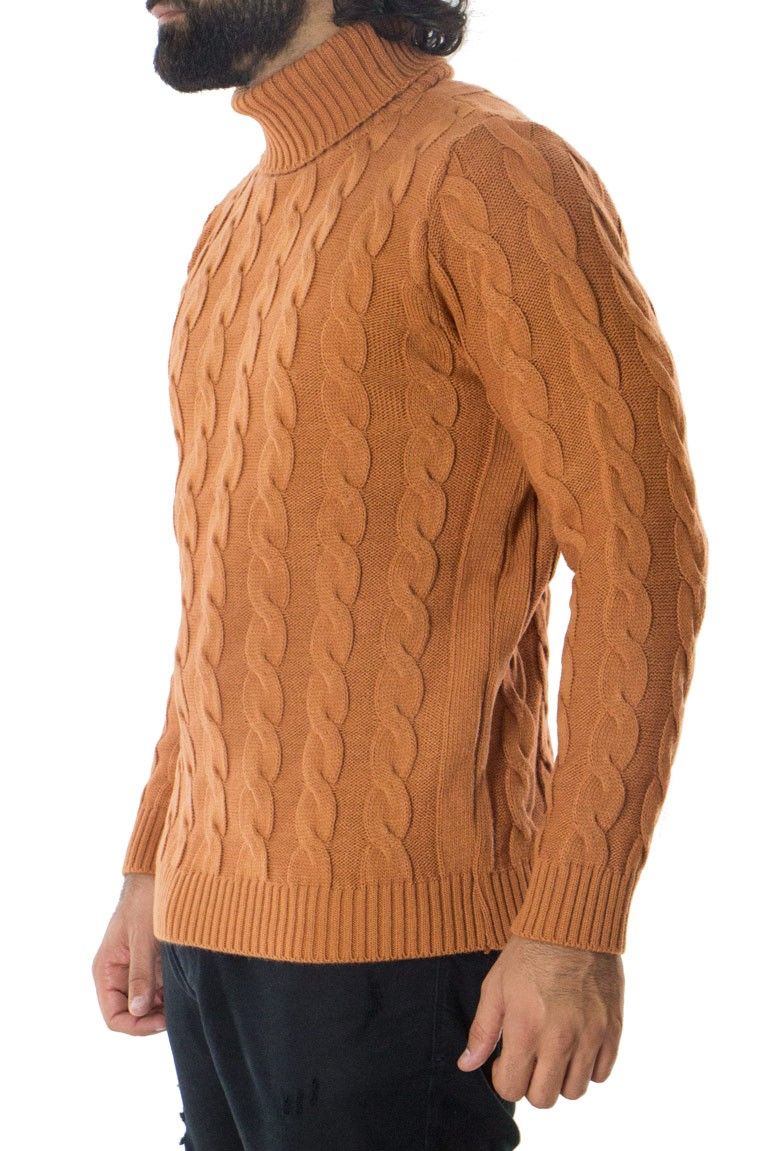 Maglione uomo lana grossa con treccia larga collo alto slim fit elastica