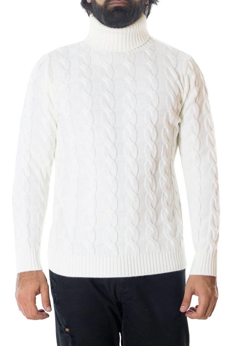 Maglione uomo lana grossa con treccia larga collo alto slim fit elastica