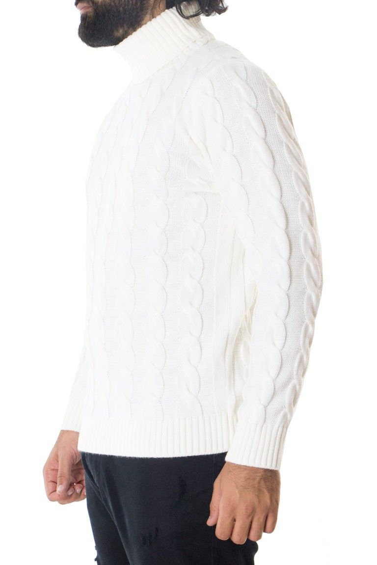 Maglione uomo lana grossa con treccia larga collo alto slim fit elastica