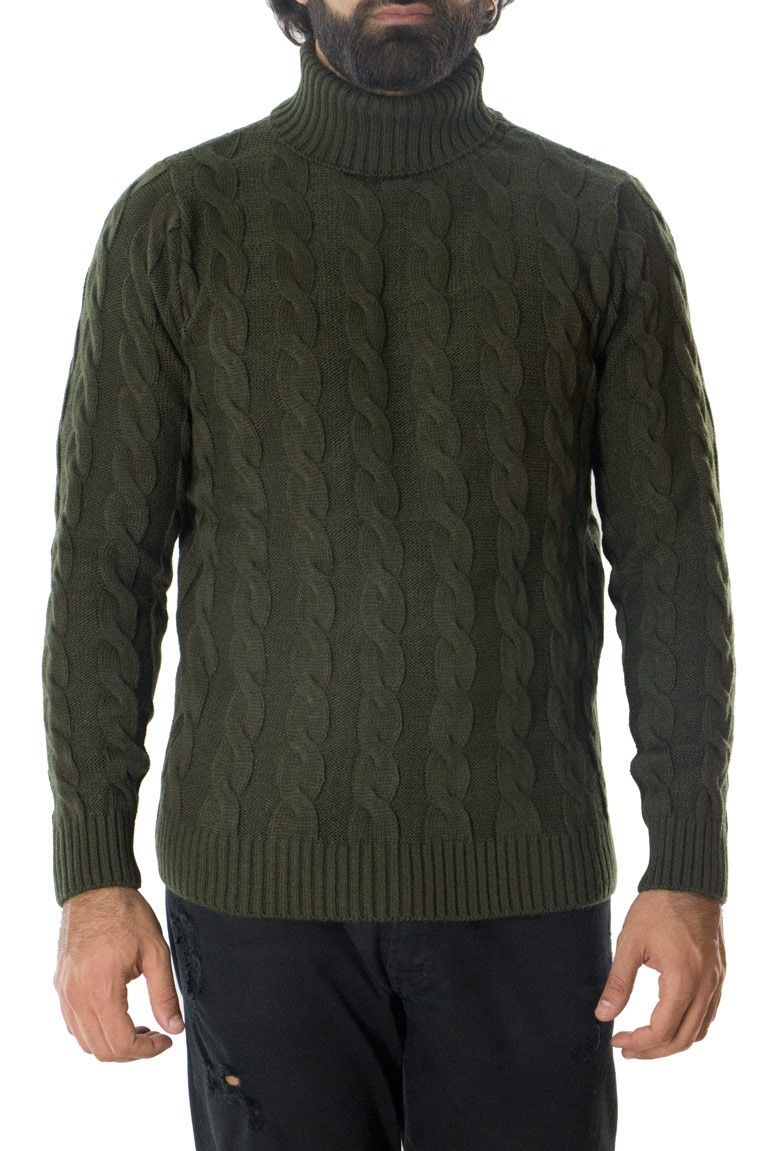 Maglione uomo lana grossa con treccia larga collo alto slim fit elastica