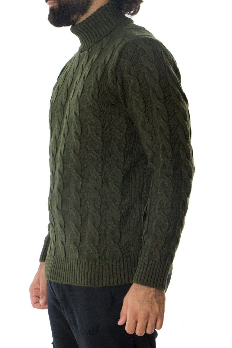 Maglione uomo lana grossa con treccia larga collo alto slim fit elastica