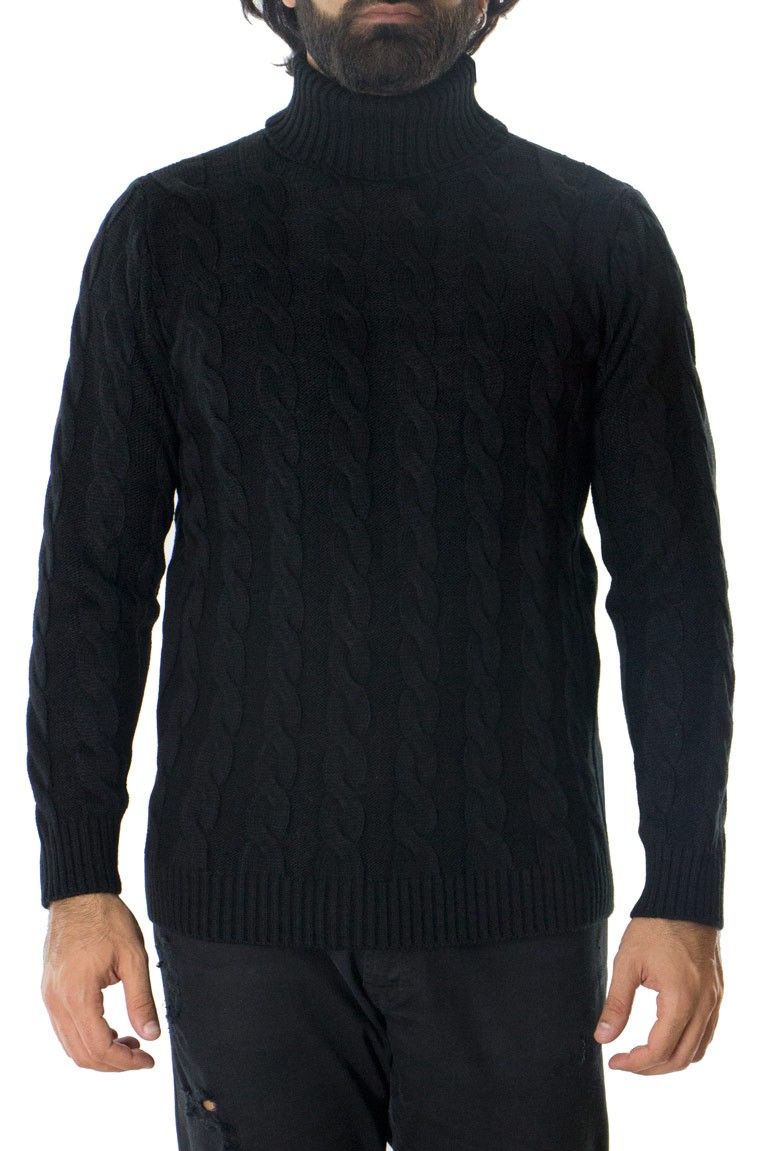 Maglione uomo lana grossa con treccia larga collo alto slim fit elastica