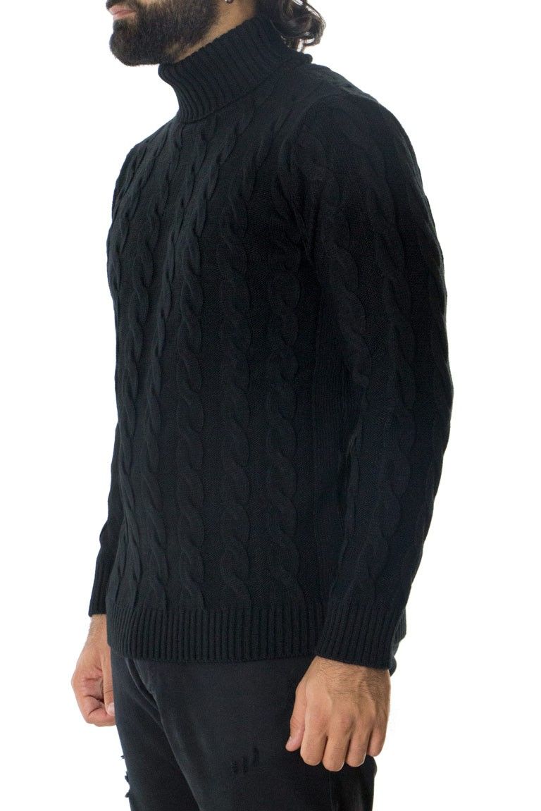 Maglione uomo lana grossa con treccia larga collo alto slim fit elastica