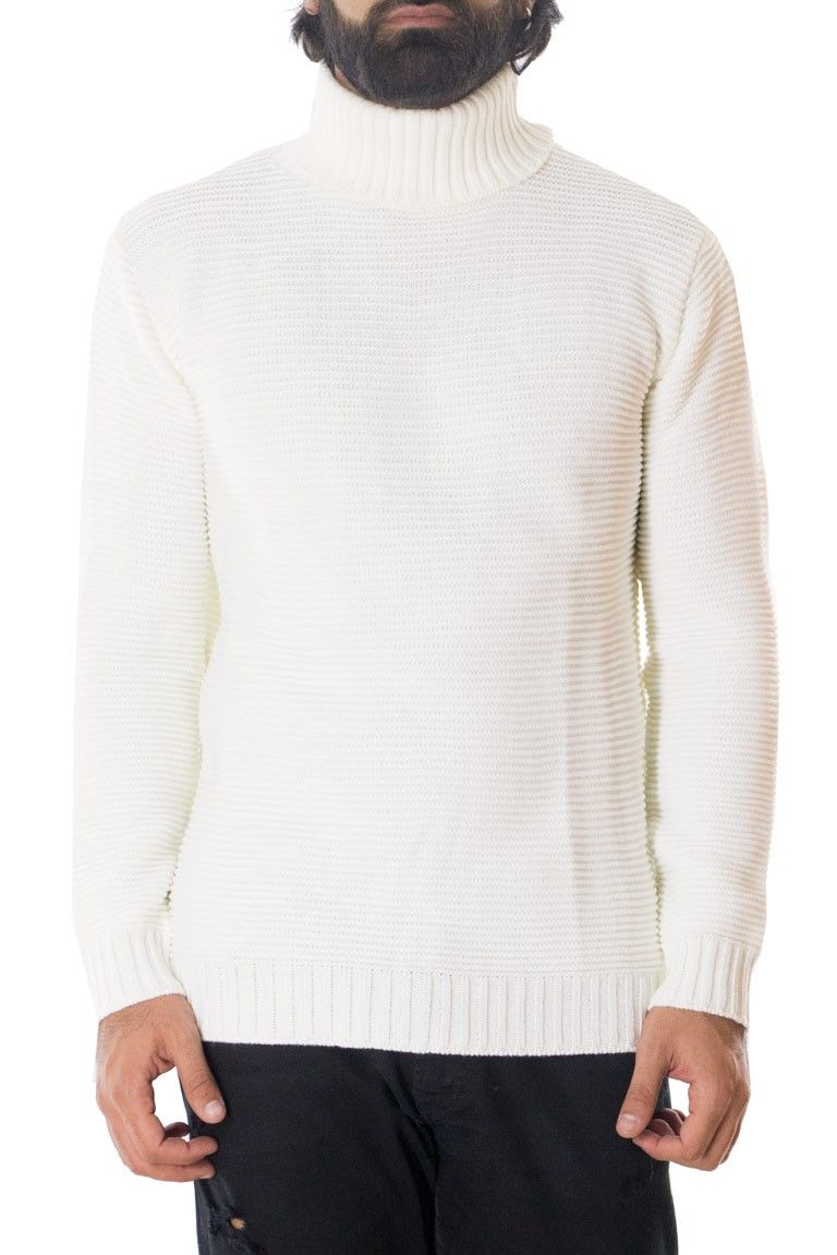Maglione uomo lana grossa intrecciata stretta collo alto slim  elastica