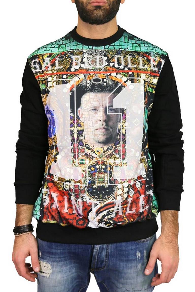 Felpa da uomo girocollo con stampa multicolor in raso sul davanti