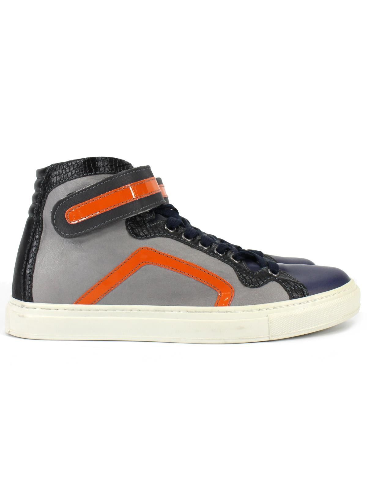 Sneakers uomo alta in pelle blu grigia arancio con strappi regolabili