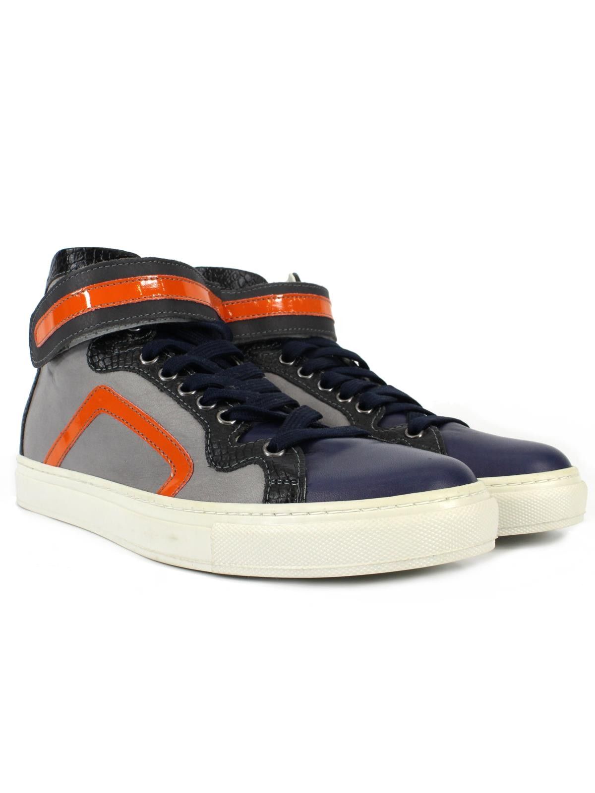 Sneakers uomo alta in pelle blu grigia arancio con strappi regolabili